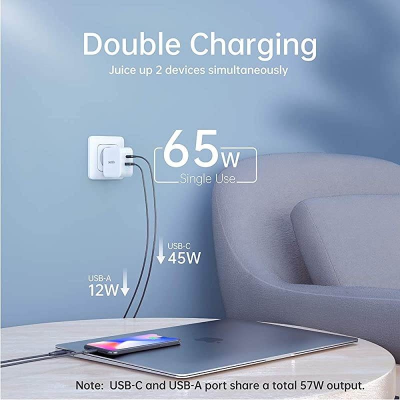 USB C Charger  65W PD 3.0 Fast Charger, GaN Fast Charging USB C Wall Charger 2-Port Portable Charger Adapter for MacBook Pro Air iPad Pro iPhone 11 Pro Max SE Nintendo Galaxy and More