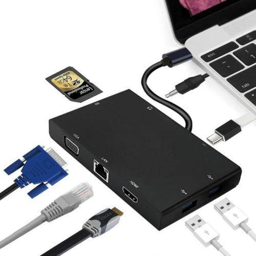 USB 3.1 USB-C to VGA/HDMI/2 Ports USB 3.0 HUB/SD Card Reader/100Mbps Ethernet RJ45 LAN/3.5mm Audio/PD USB Type C Charge Port for New Macbook