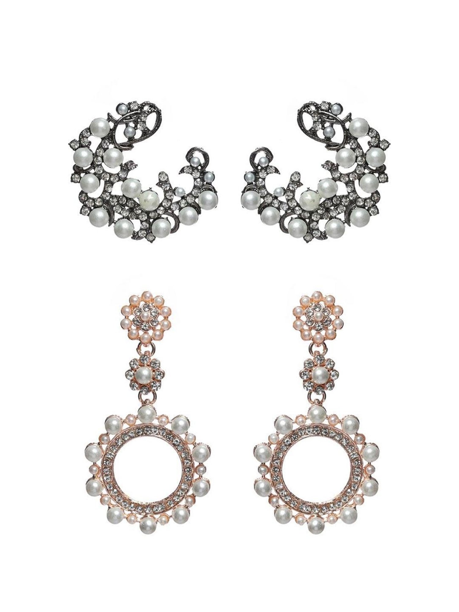 Priyaasi Pearl White Stud & Drop Earrings - Set of 2