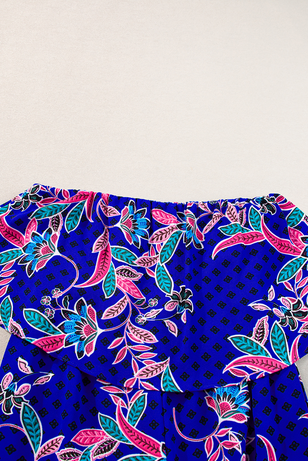 Blue Boho Tropical Print Ruffle Overlay Strapless Flared Jumpsuit