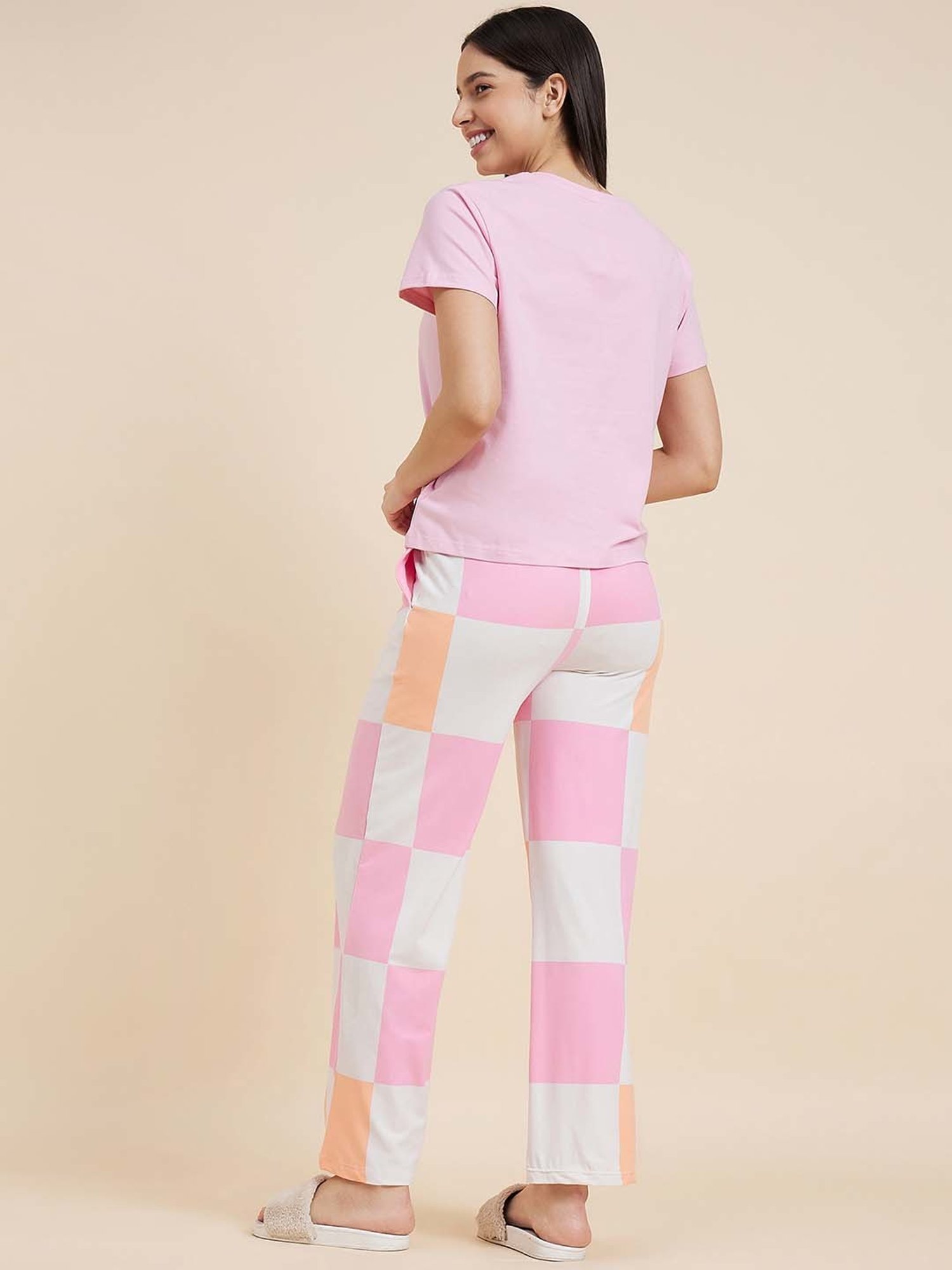 Sweet Dreams Pink & White Cotton Chequered T-Shirt Pyjama Set