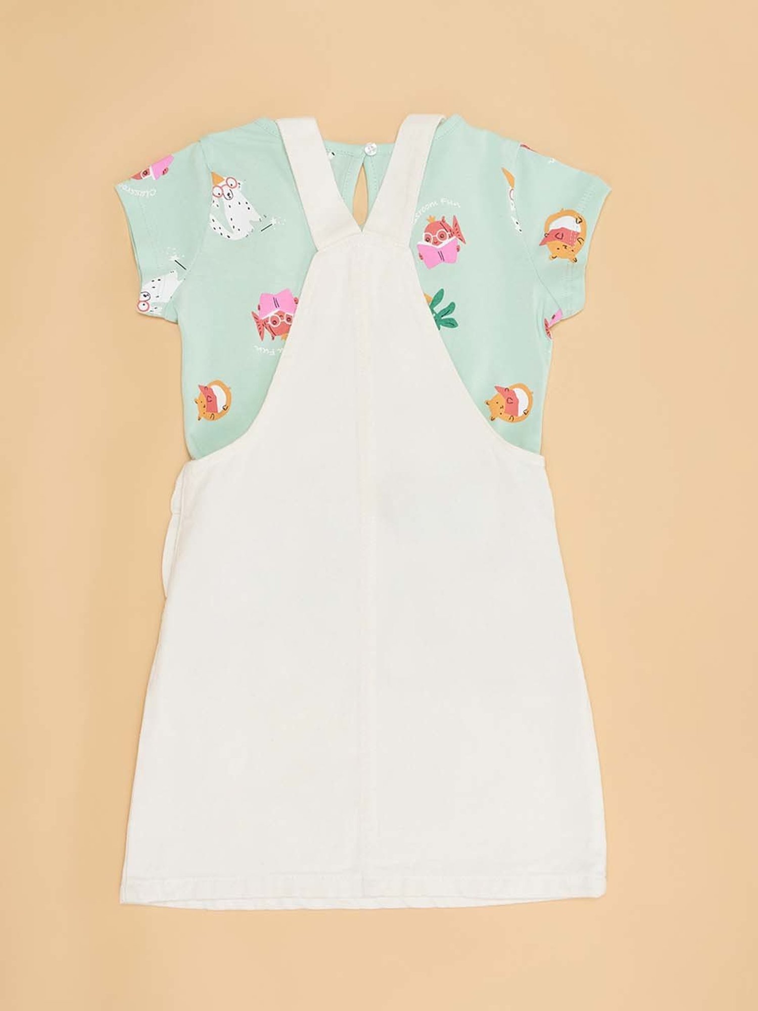 Pantaloons Junior White & Green Cotton Printed Dungaree Set