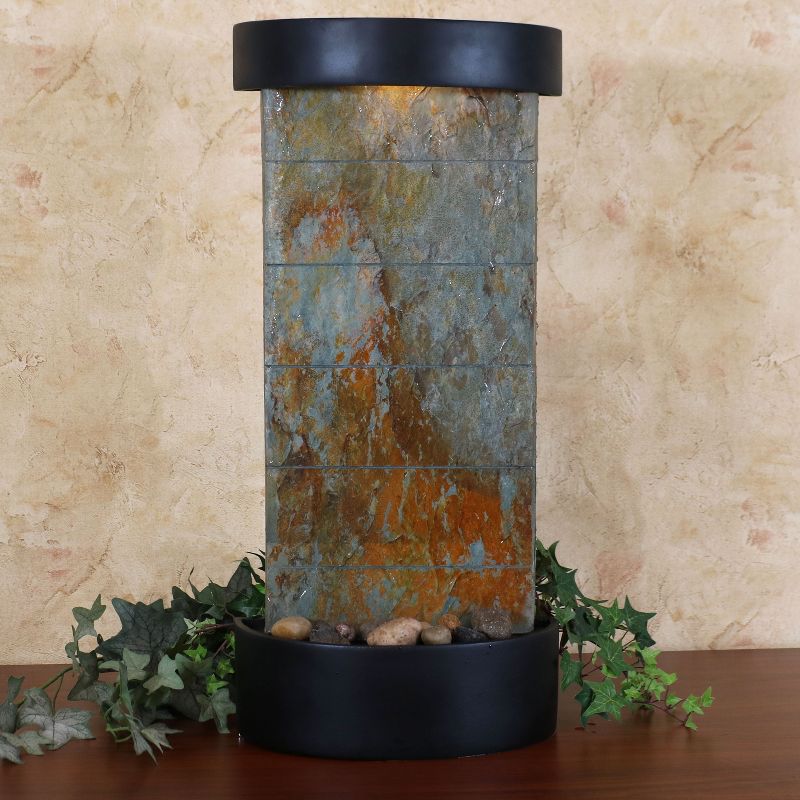 Sunnydaze Indoor Home Office Slate Facade Wall or Tabletop Water Fountain Feature with LED Light - 25" - Black