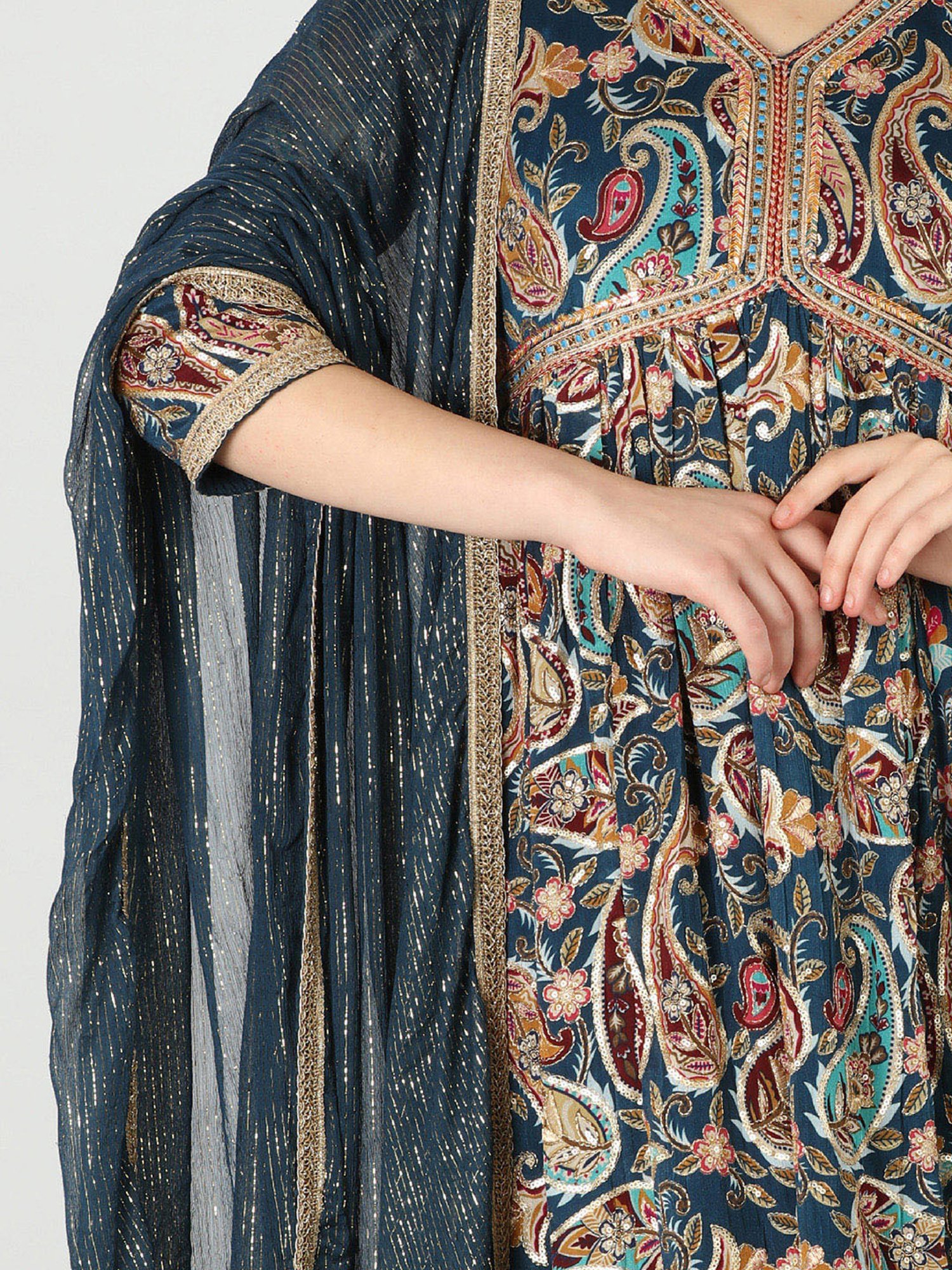 Mustard Teal Chanderi Textured Dupatta