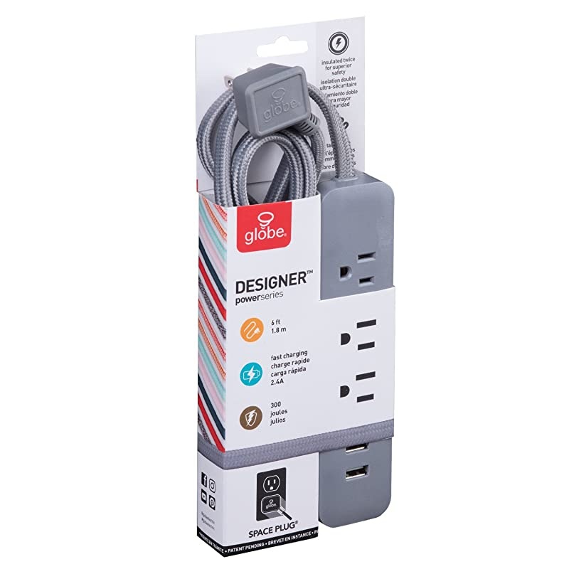 Designer Series 6ft 6Outlet USB Surge Protector Power Strip 2x USB Ports Surge Protector Right Angle Plug Circuit Breaker Switch Gray Finish 78252