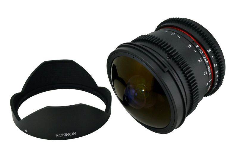 New Rokinon De-clicked HD 8mm T3.8 Cine Fisheye Lens w/ Removable Hood for Canon