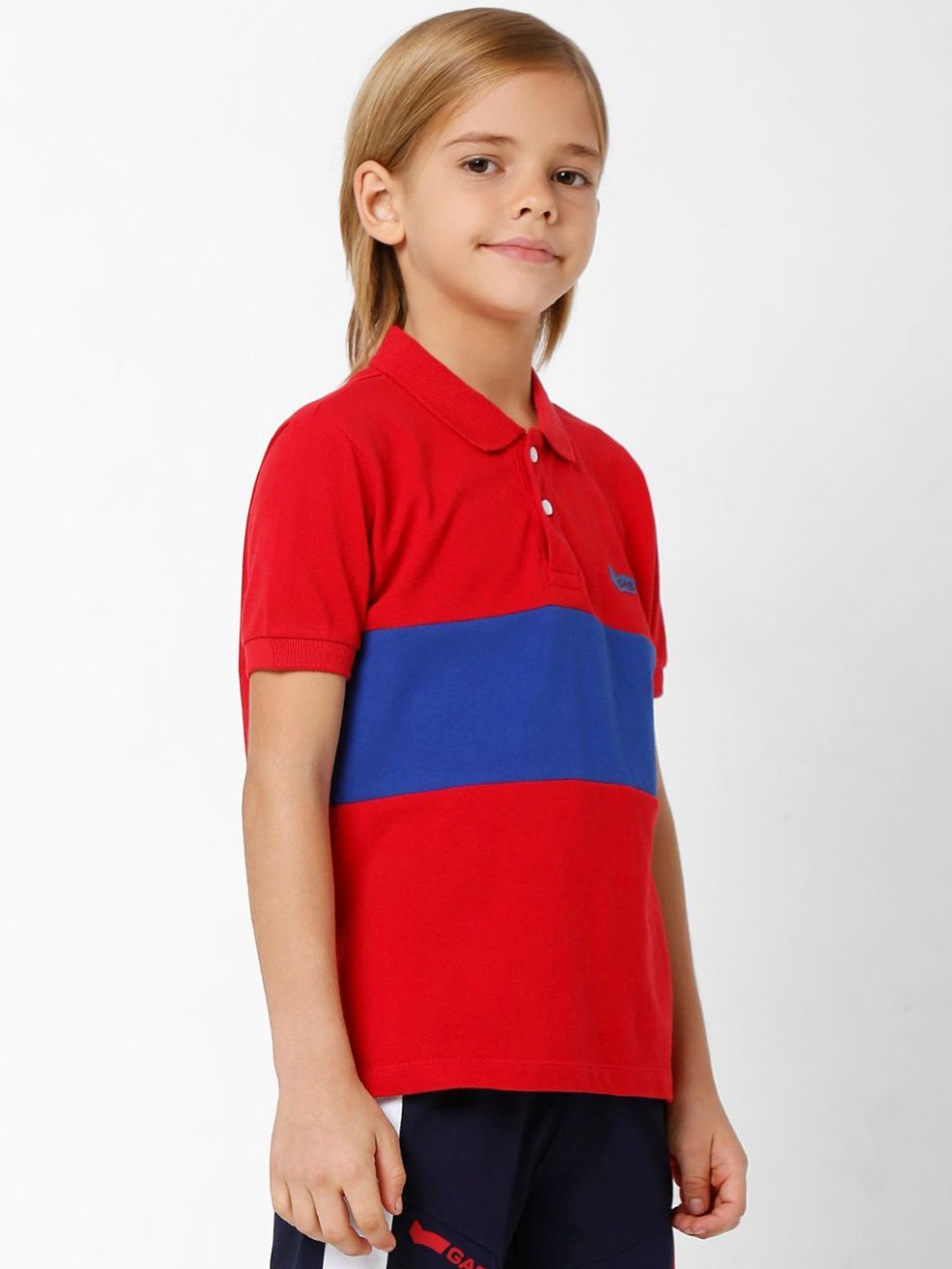 Gas Kids Red & Blue Cotton Color Block Polo T-Shirt
