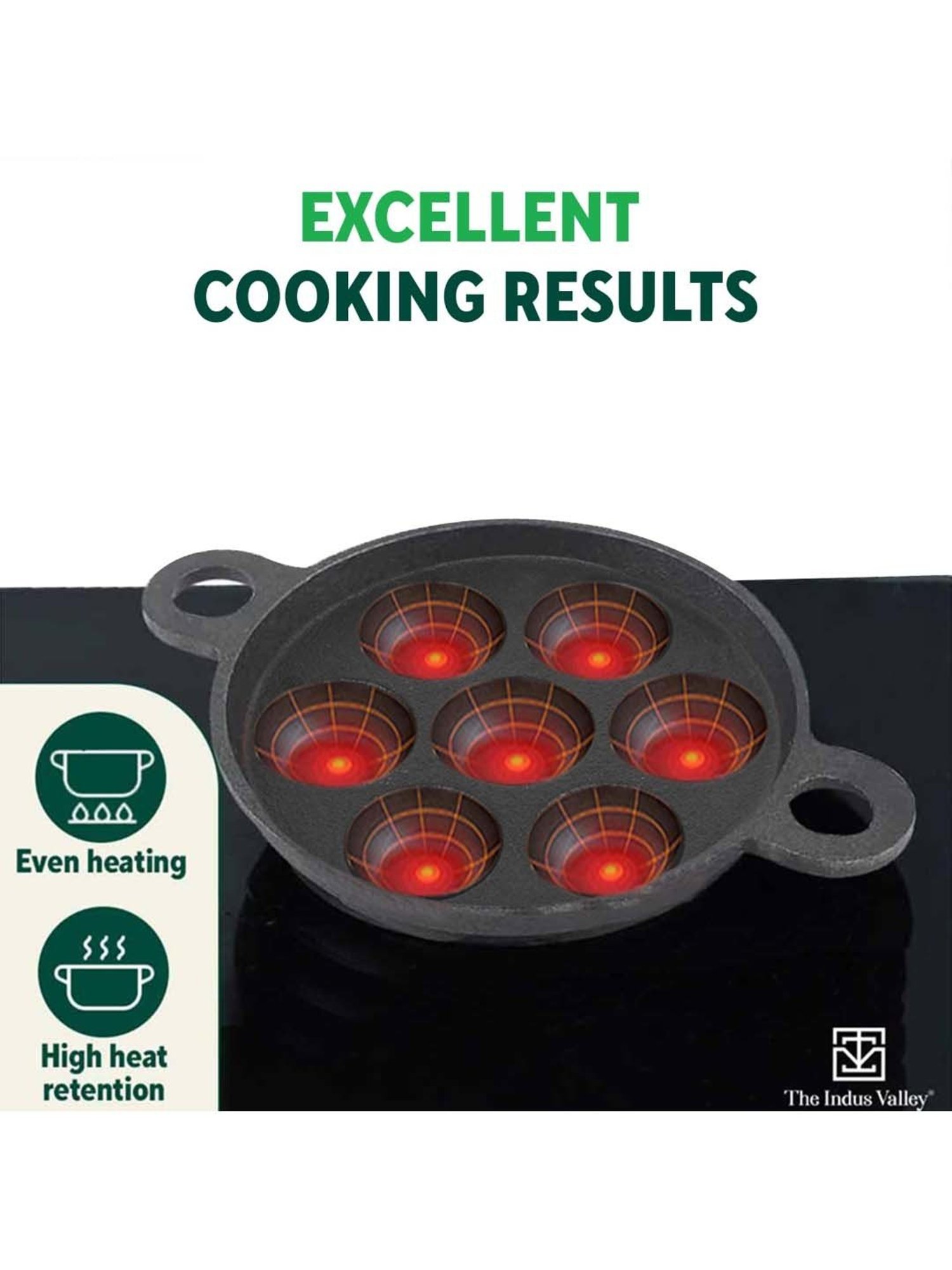 The Indus Valley Black Cast Iron 19cm 7-Pit Paniyaram Pan with Free Wooden Picker