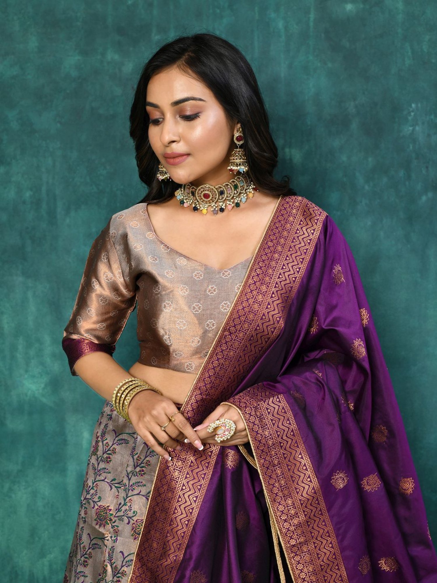 Silk Land Beige & Blue Woven Pattern Semi Stitched Lehenga Choli Set With Duppata