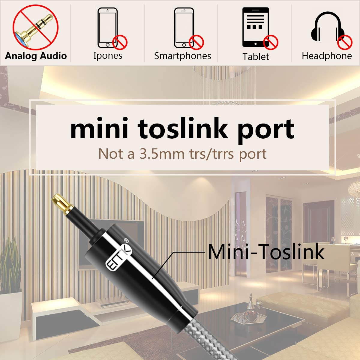 Optical Audio Cable EMK Toslink Optical to Mini Toslink Optical Cable with Braided Jacket for Home Theater Sound Bar TV PS4 Xbox Playstation(6ft/1.8m)