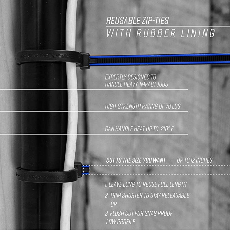 Releasable, Re-Usable, Zip Ties, Industrial Grade, Extra Grip, Rubber Lined, Durable, 12 Inches Long, (15 Blue)