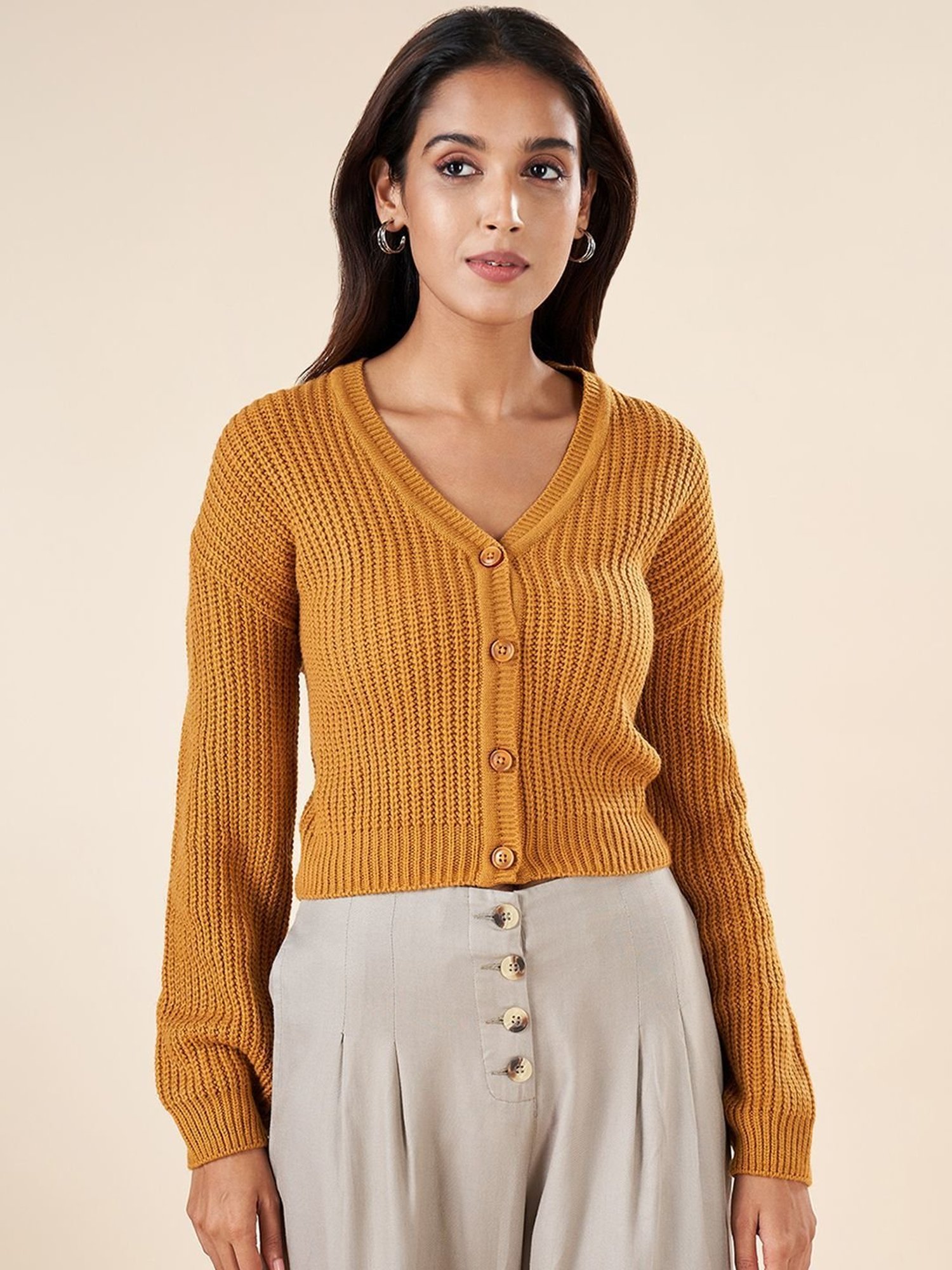 Akkriti by Pantaloons Mustard Crochet Pattern Cardigan