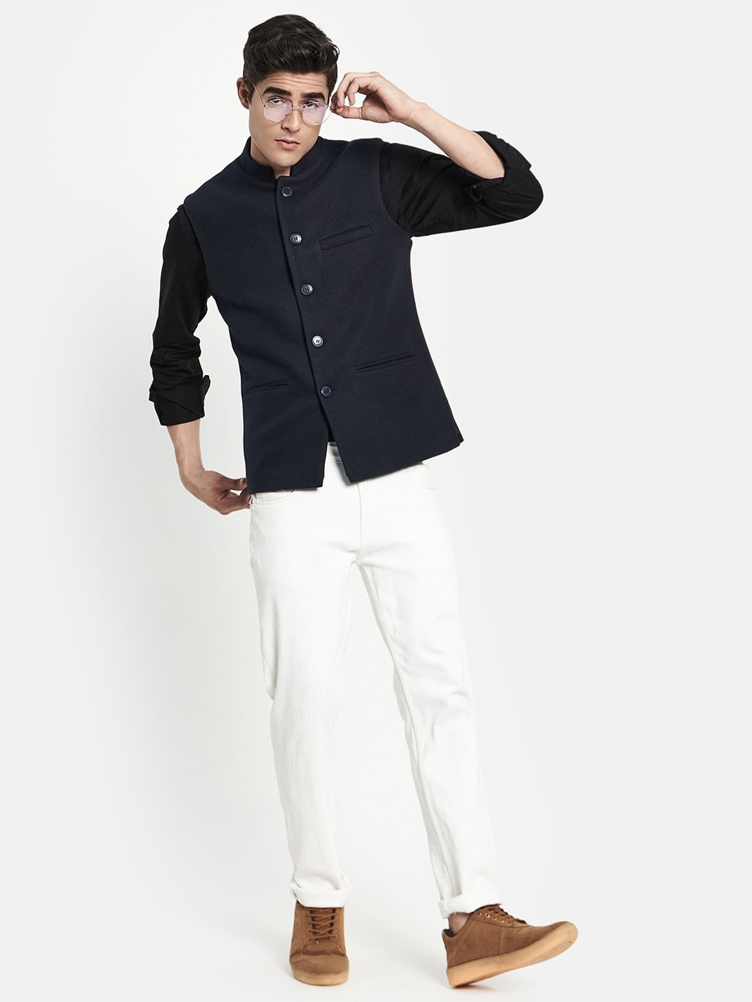 METTLE Navy Mandarin Collar Nehru Jacket