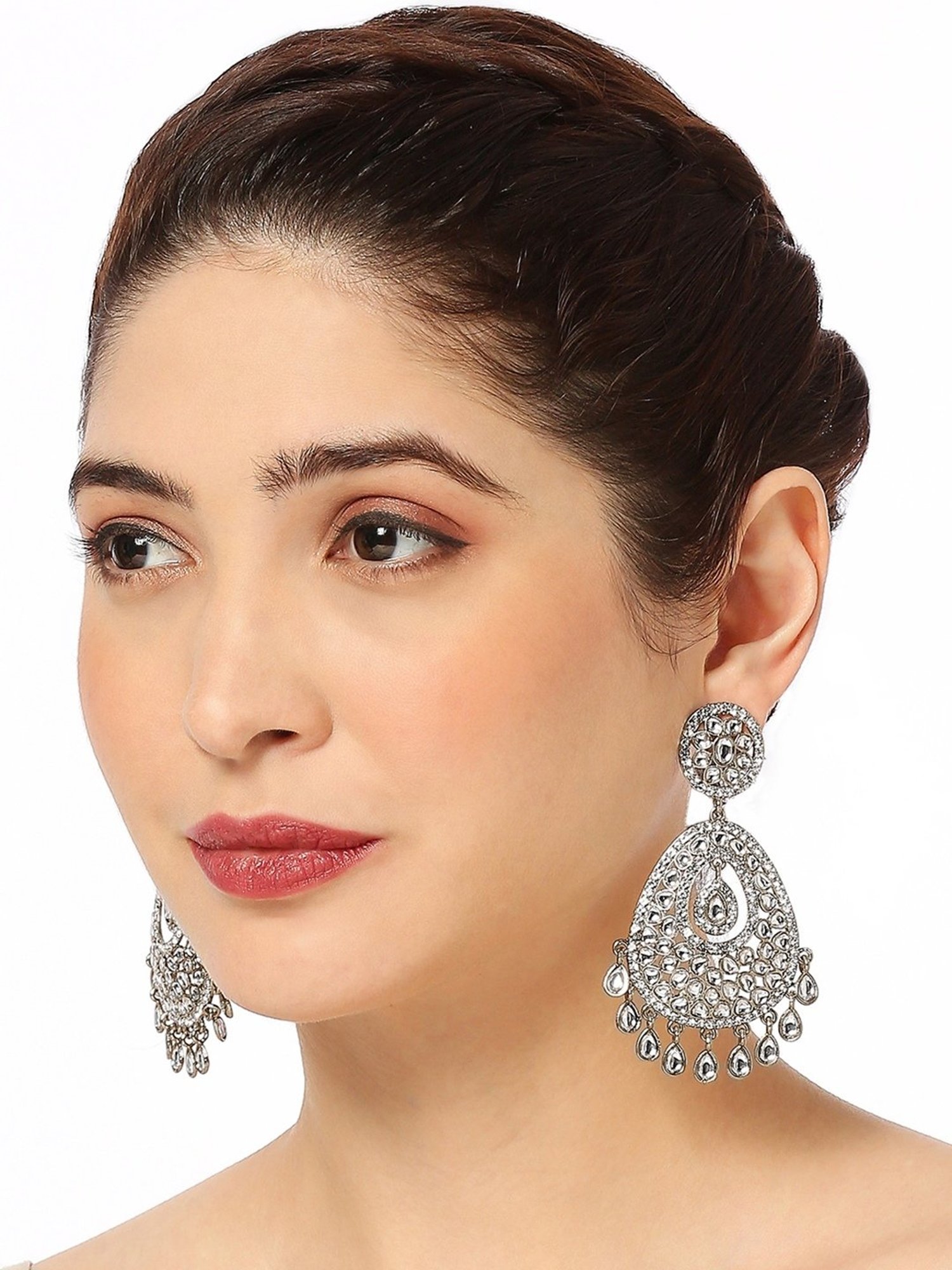 Oomph Black Silver Tone Jadau Kundan Large Ethnic Dangler Earrings