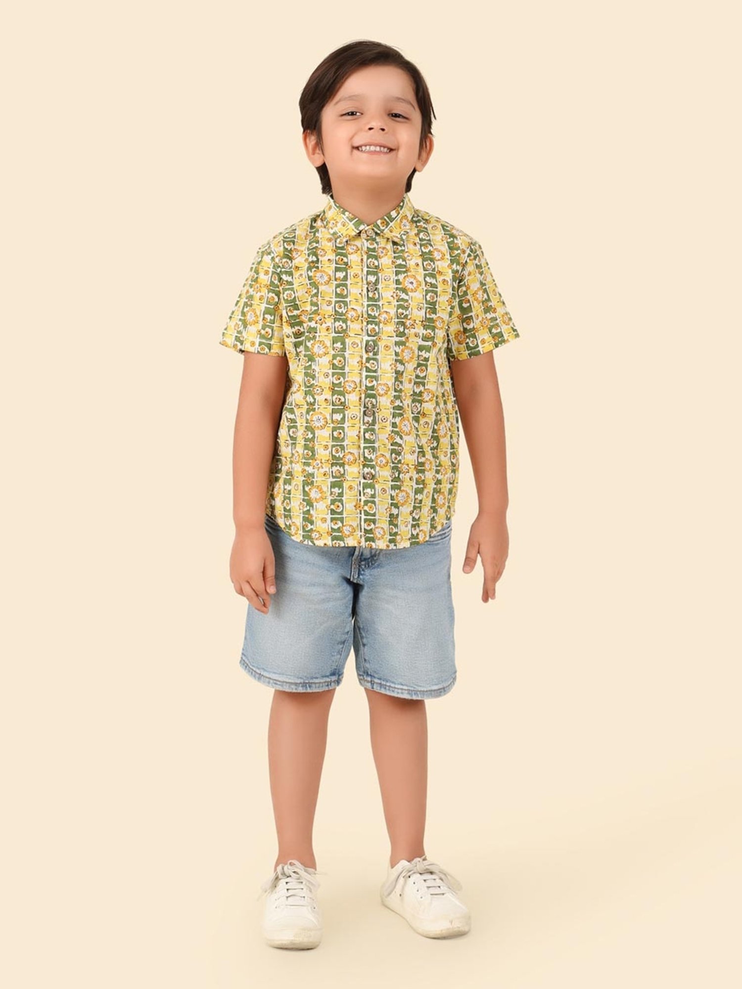 Fabindia Kids Green Cotton Hand Block Printed Shirt