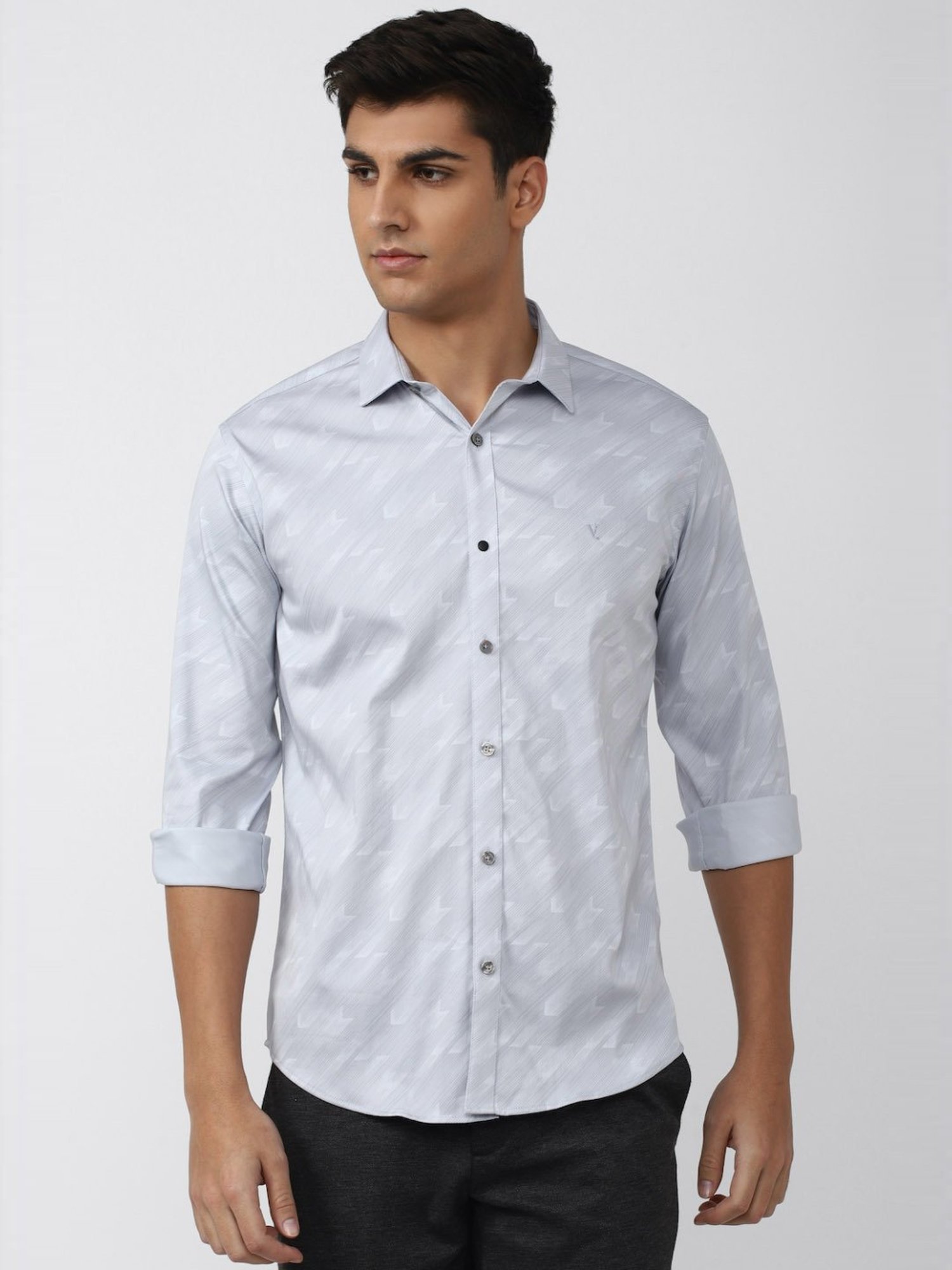 V Dot Grey Slim Fit Printed Shirt