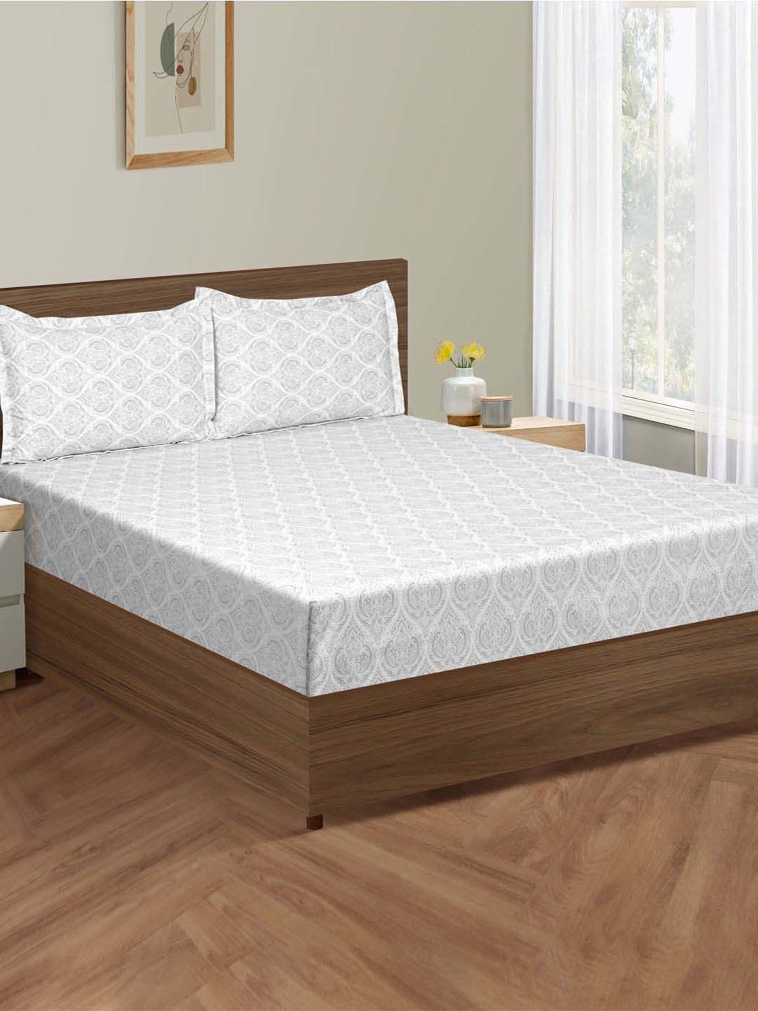 Swayam Grey Cotton 180 TC Double Size Bedsheet With Pillow Covers