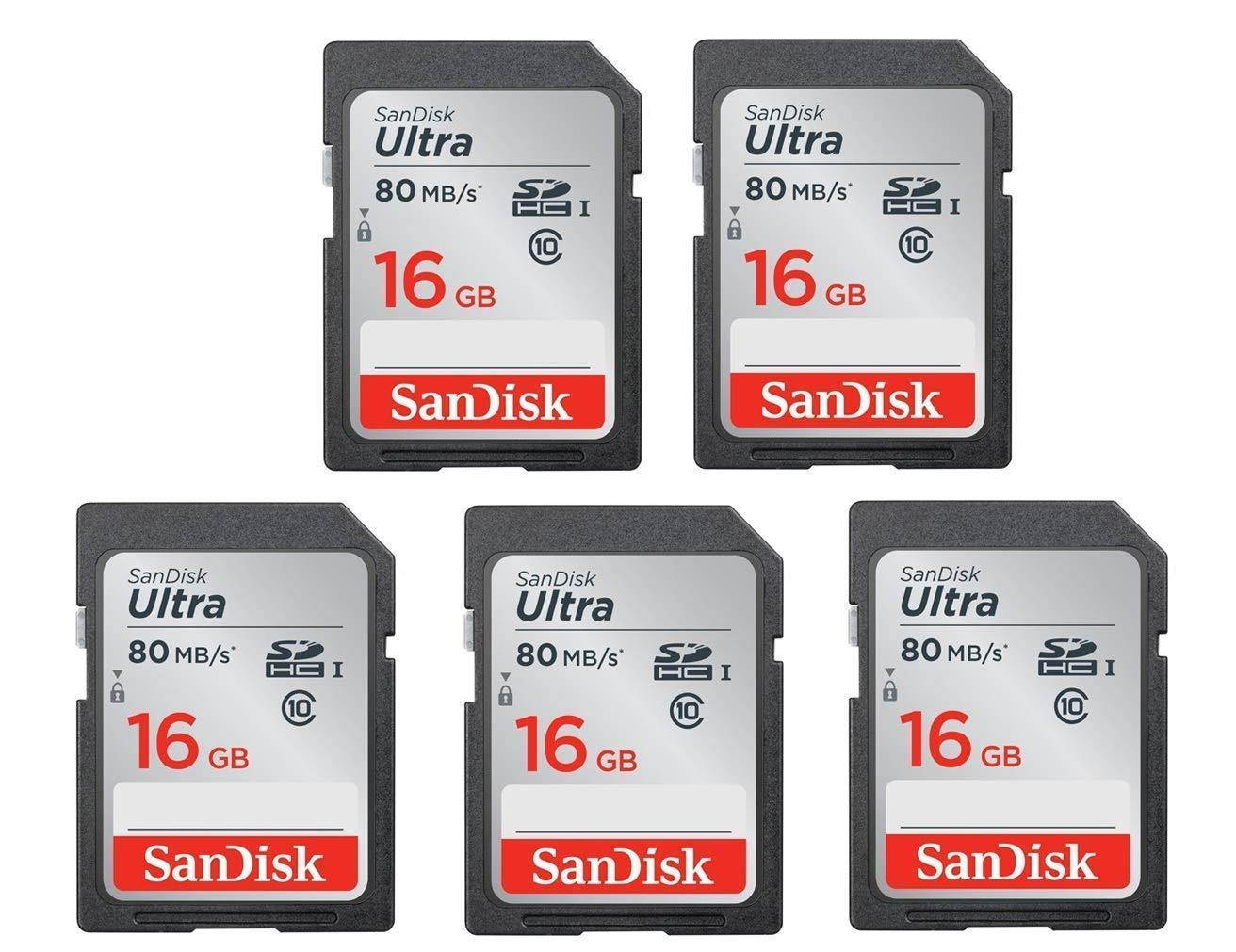 5x Genuine SanDisk Ultra 16GB Class 10 SDHC Flash Memory Card Up To 80MB/s Memory Card (SDSDUNC-016G-GN6IN) W/ Memory Card Case (5pcs)