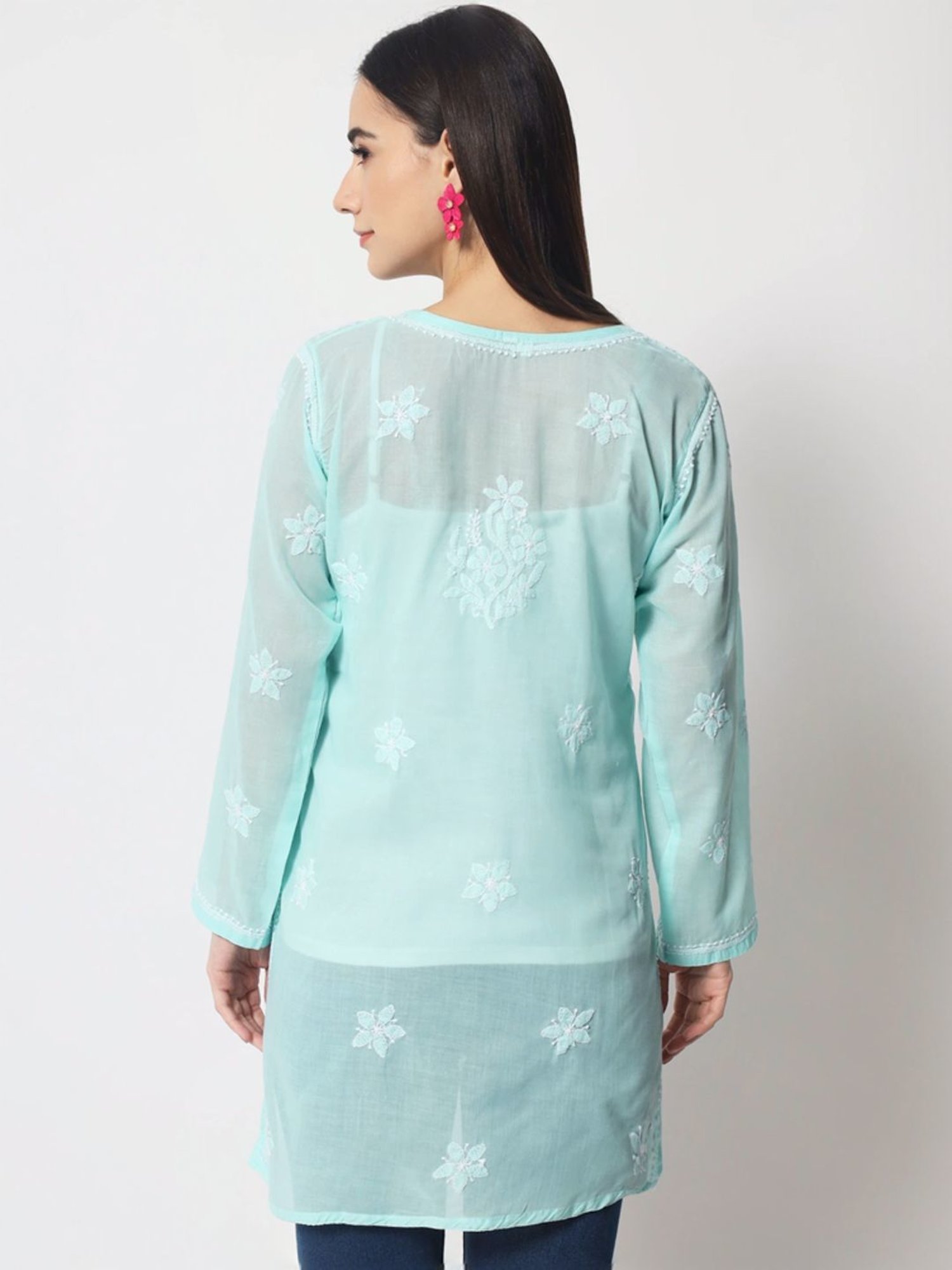 PARAMOUNT CHIKAN Sea Green Cotton Hand Embroidered Chikankari Straight Kurti