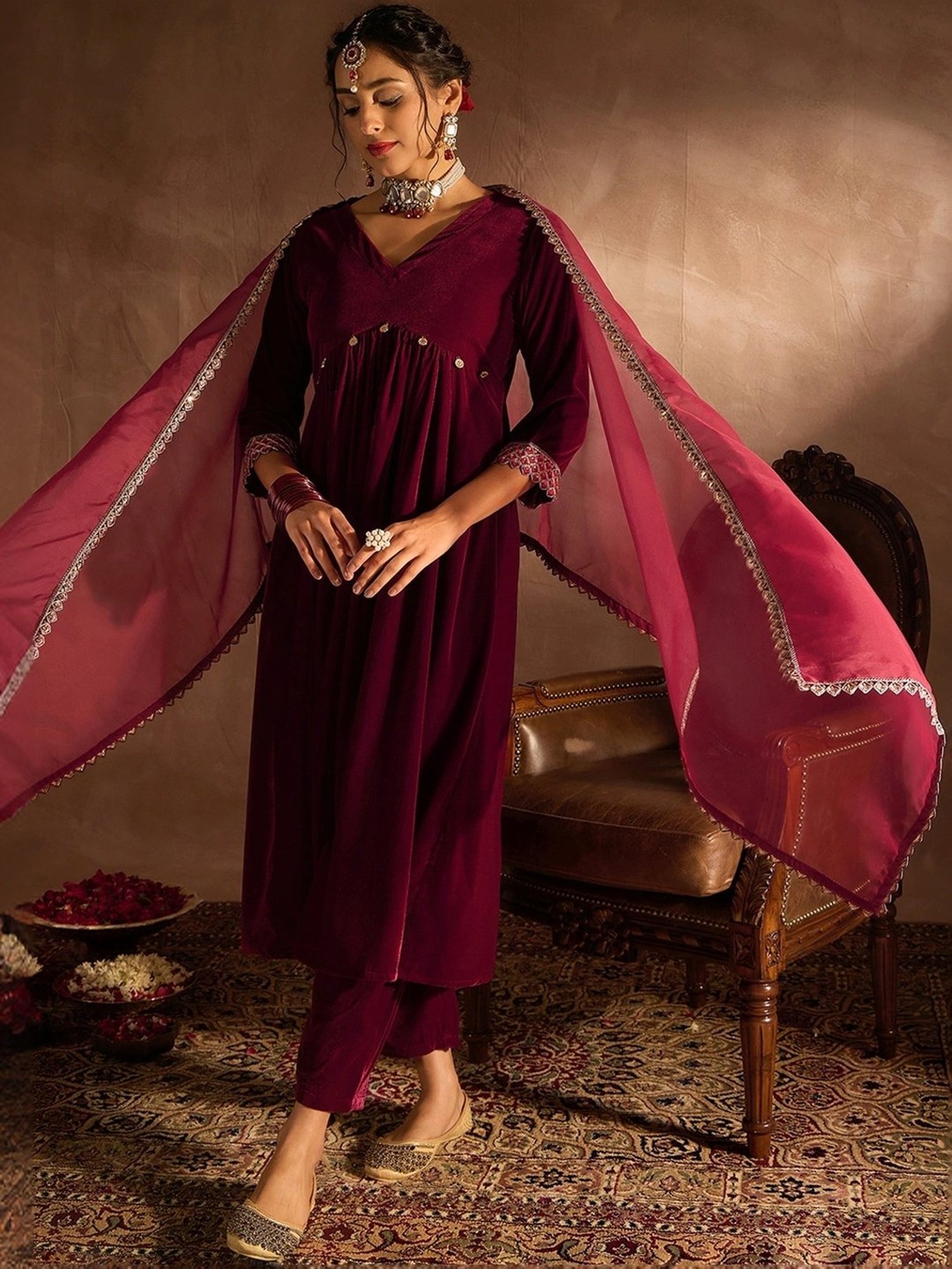 Indo Era Maroon Embellished Kurta Pant Set With Dupatta