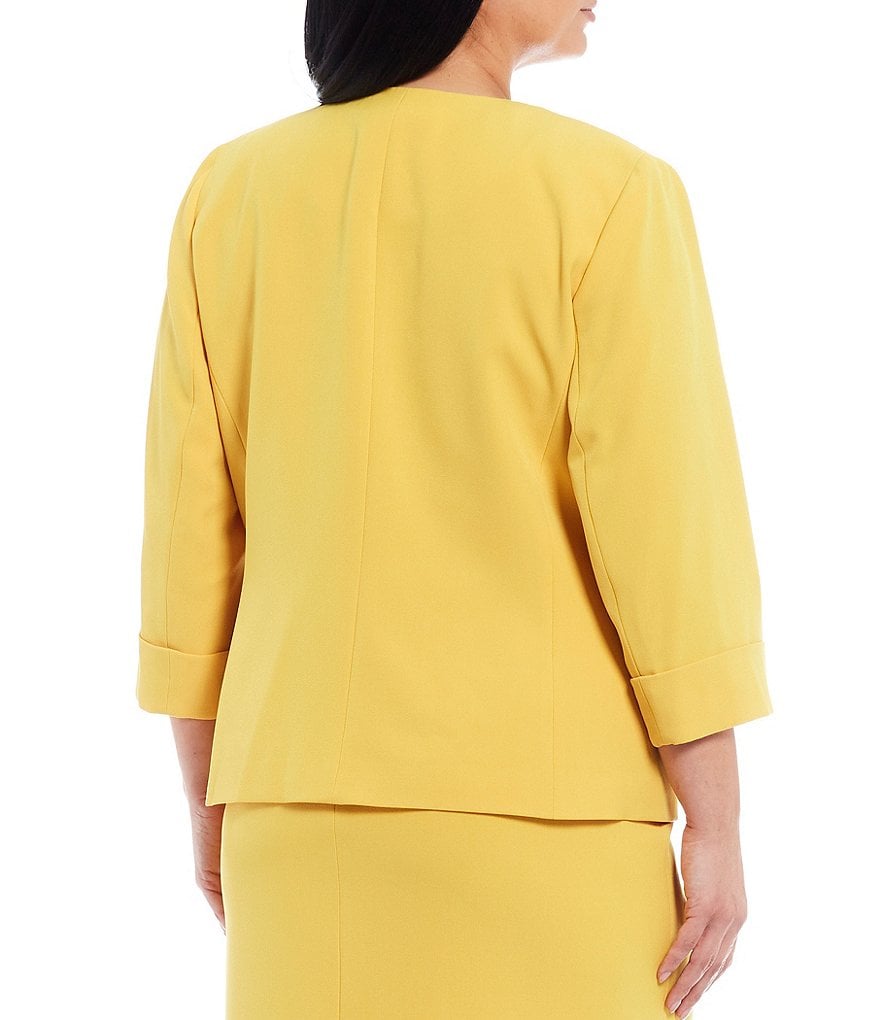 Kasper Plus Size Stretch Crepe Seamed Roll Cuffed Sleeve Open Front Jacket