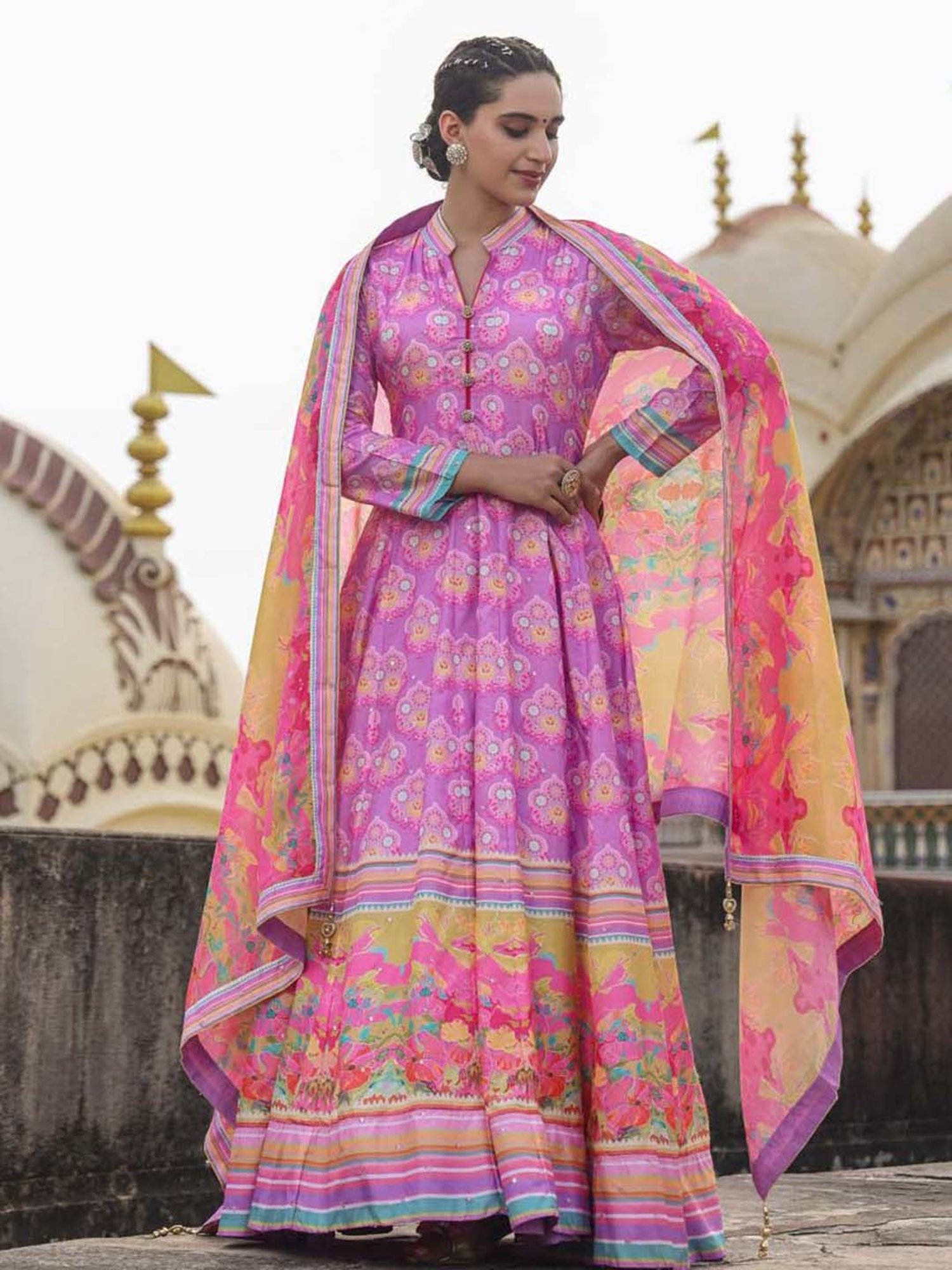 SCAKHI Purple Printed Maxi Dress With Dupatta