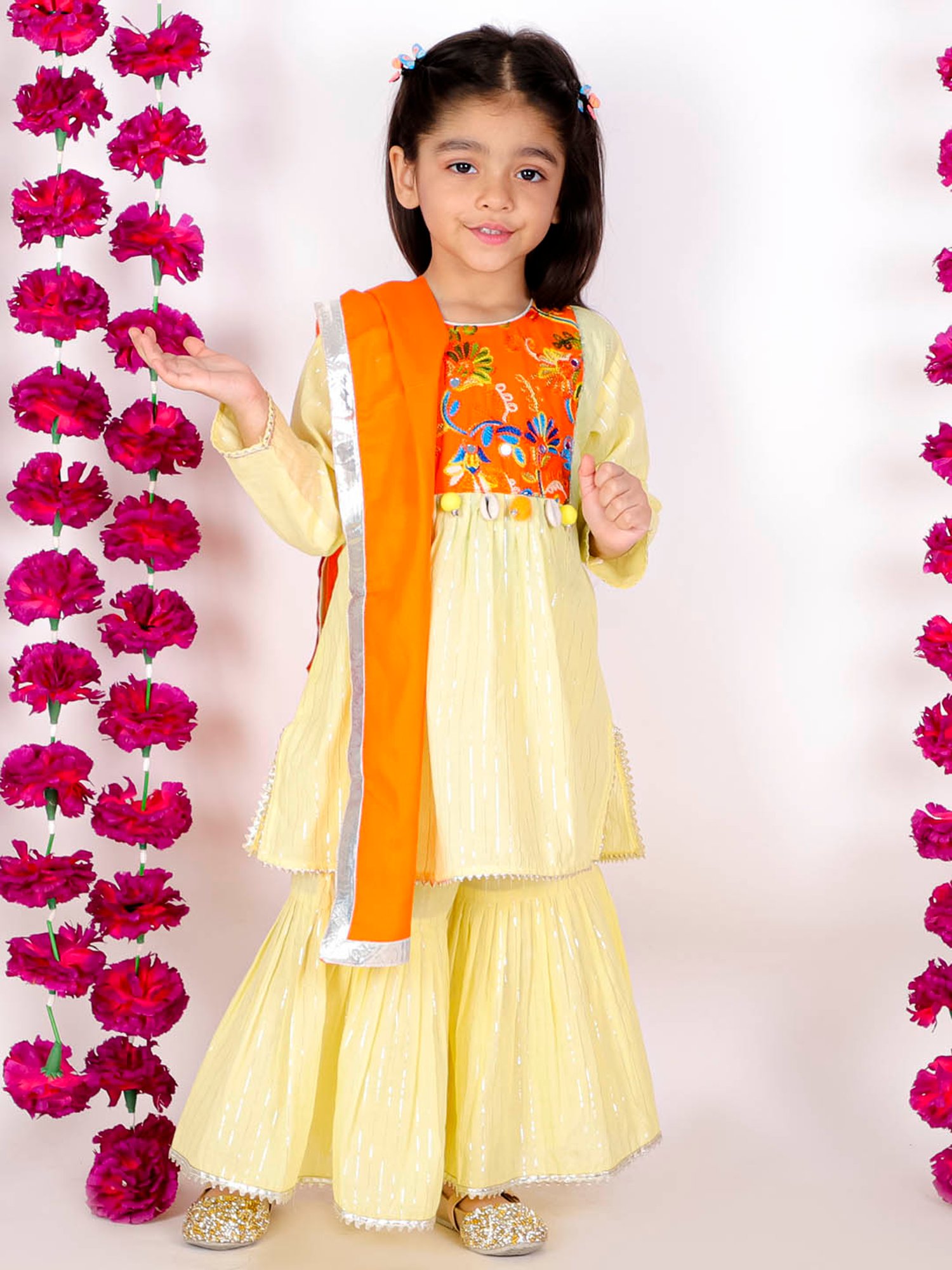 Little Bansi Kids Yellow Striped Kurta, Sharara with Dupatta