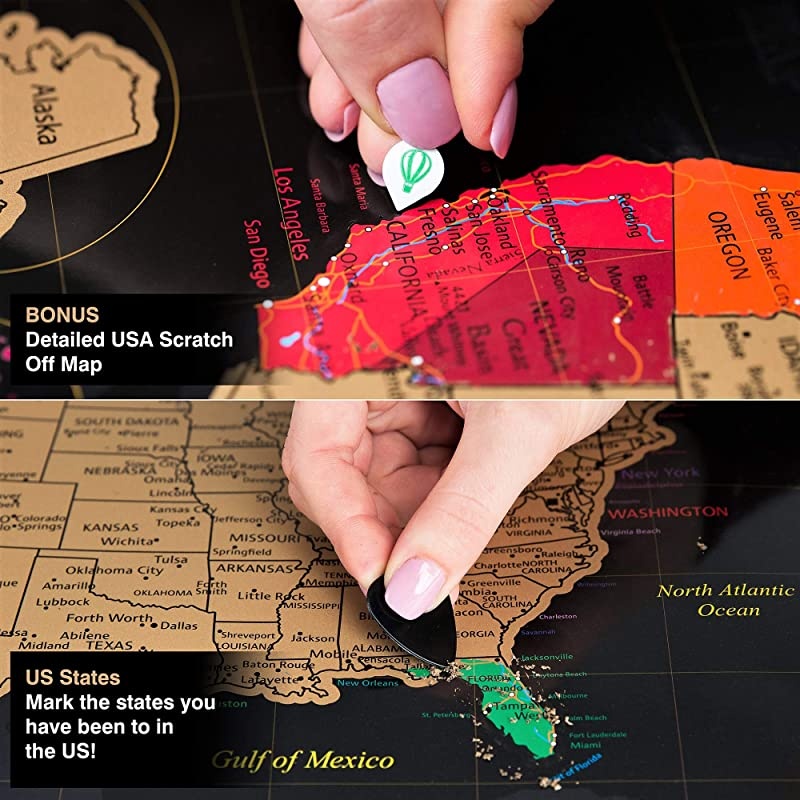 Scratch Off World Map Poster + Deluxe United States Map Includes Complete Accessories Set amp All Country Flags Premium Wall Art Gift for Travelers