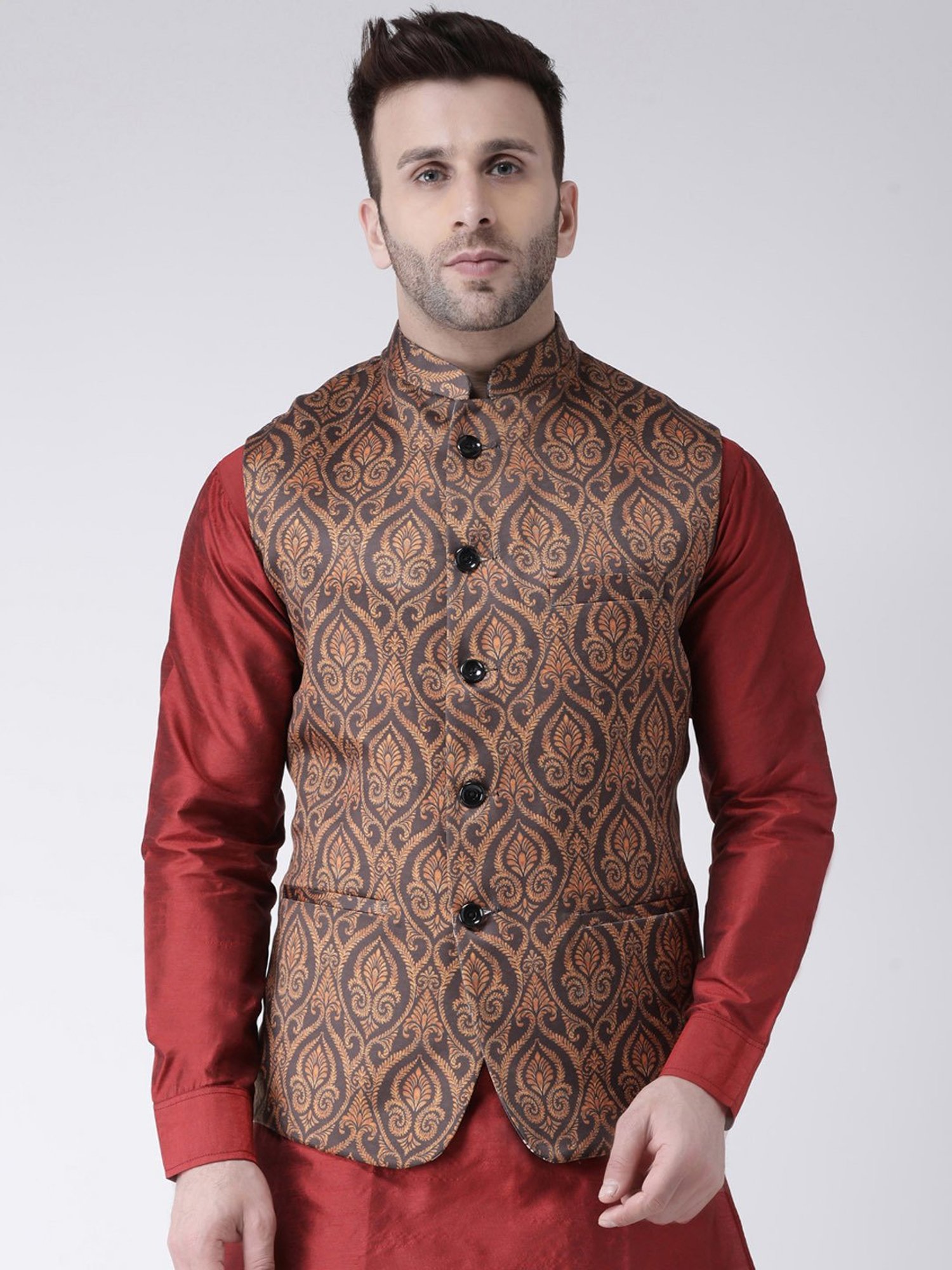 Hangup Plus Brown Regular Fit Printed Nehru Jacket