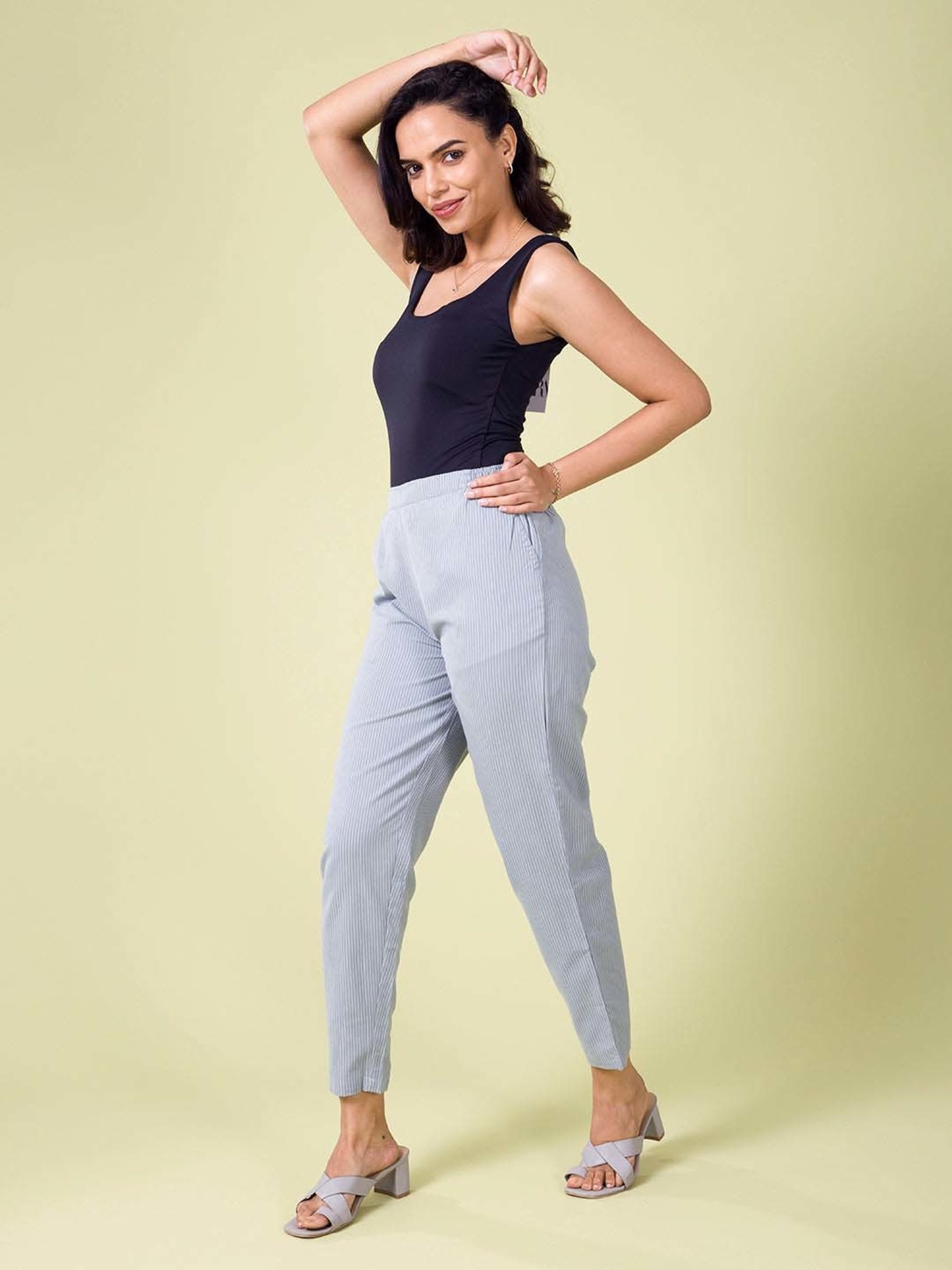 Go Colors! Blue Linen Striped Pencil Pants