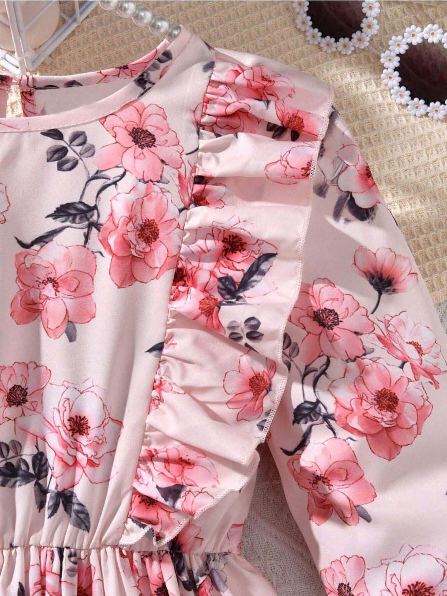 Bolly Lounge Girls Soft Pink Floral Full Sleeves Dress