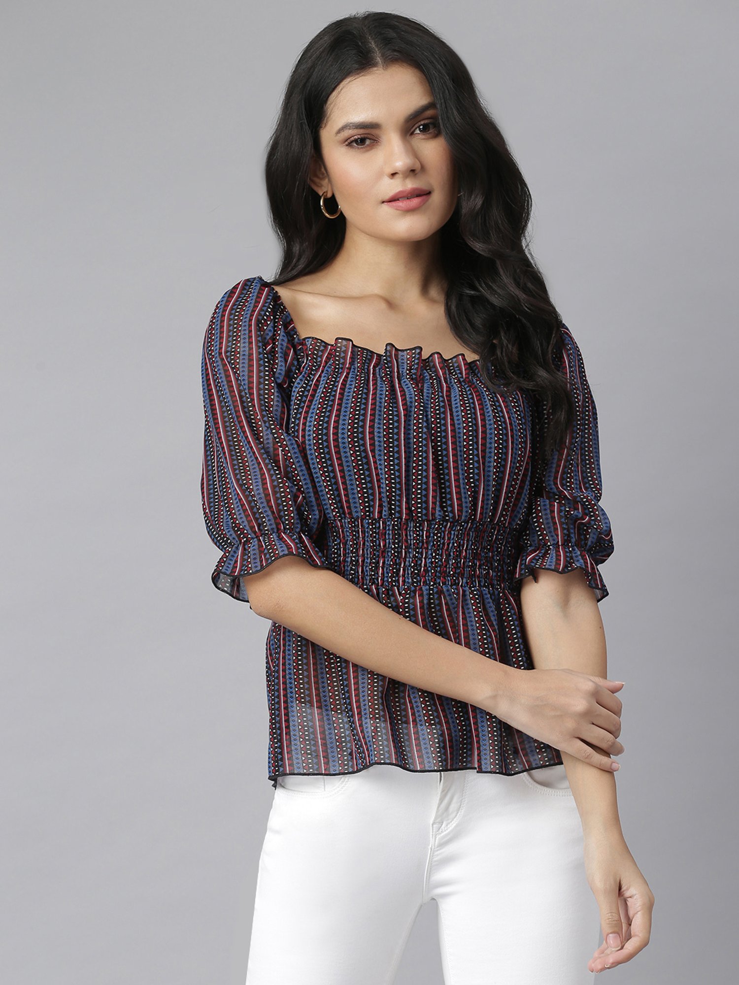 KASSUALLY Black & Blue Striped Peplum Top