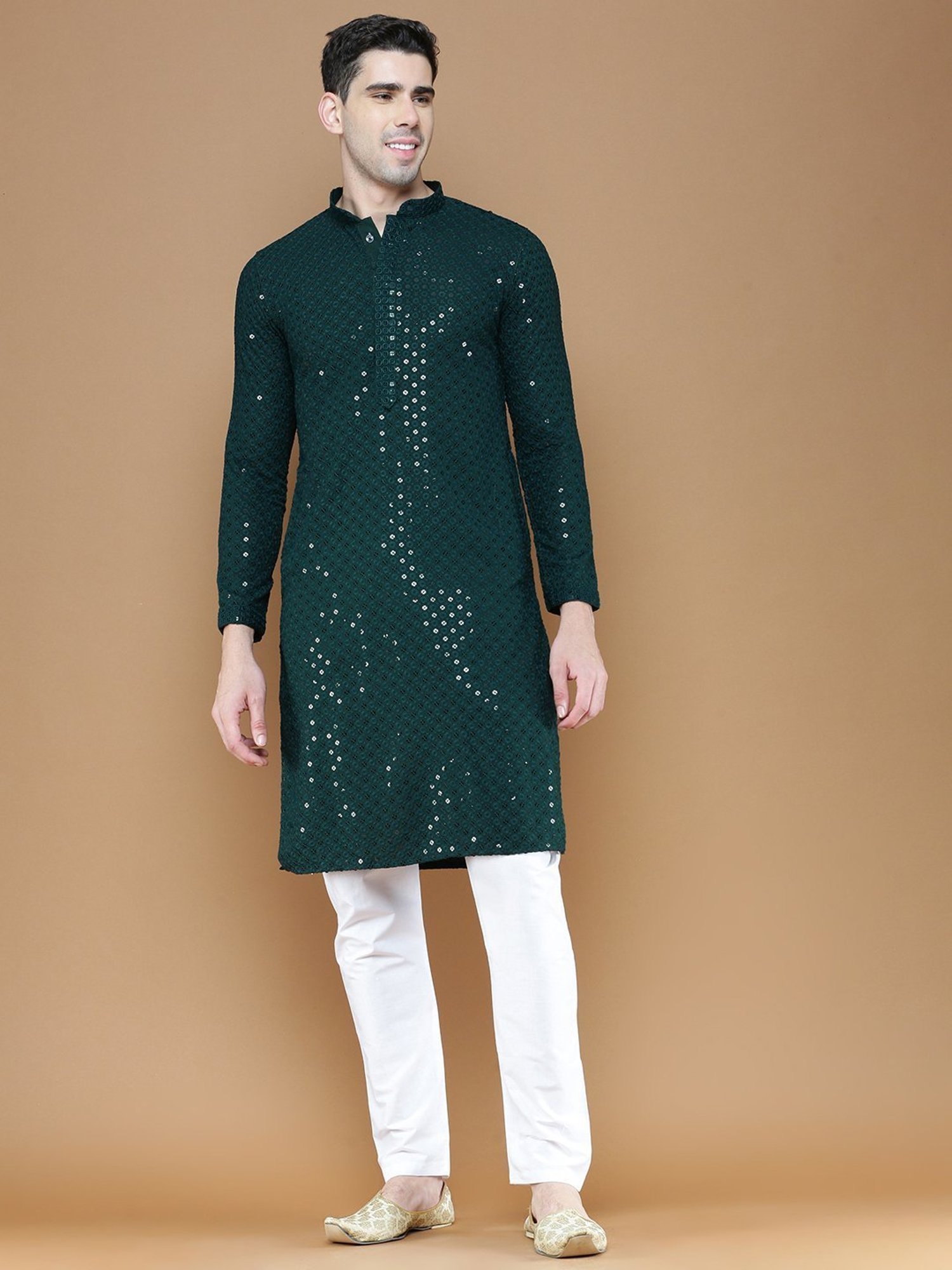 Sanwara Deep Green Cotton Regular Fit Embellished Kurta Bottom Set