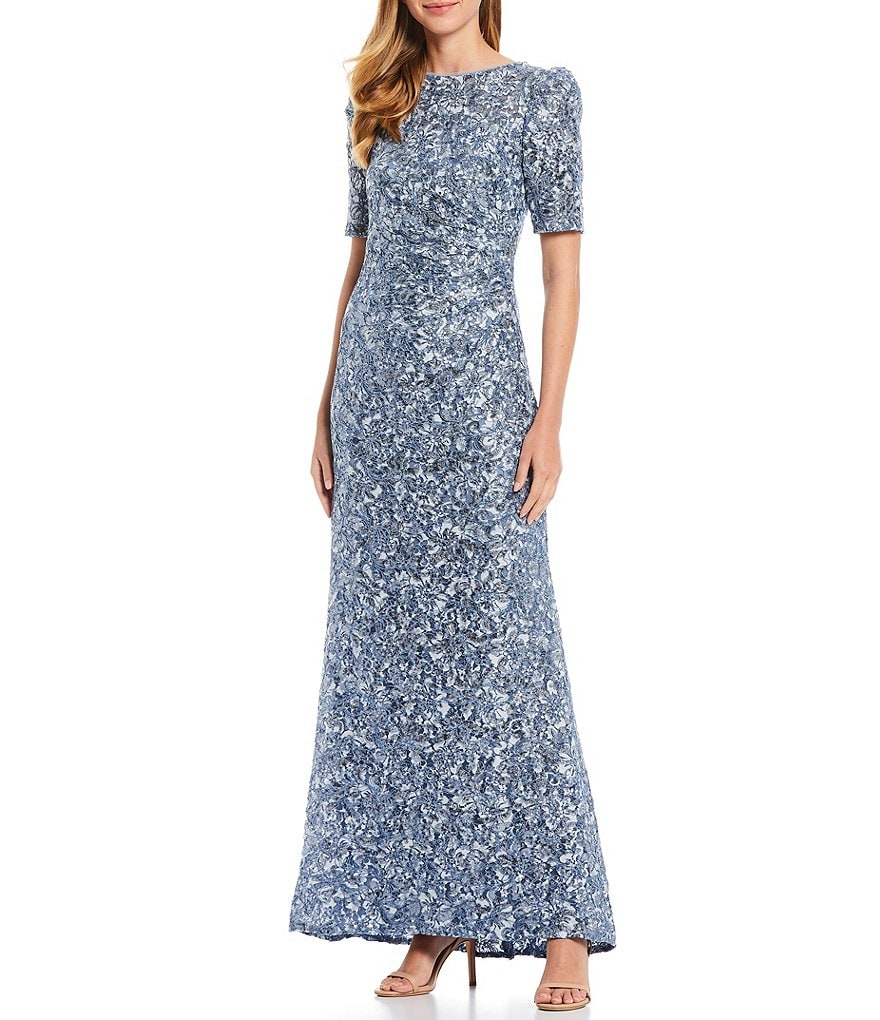 Xscape Short Ruched Puff Shoulder Boat Neck Gown