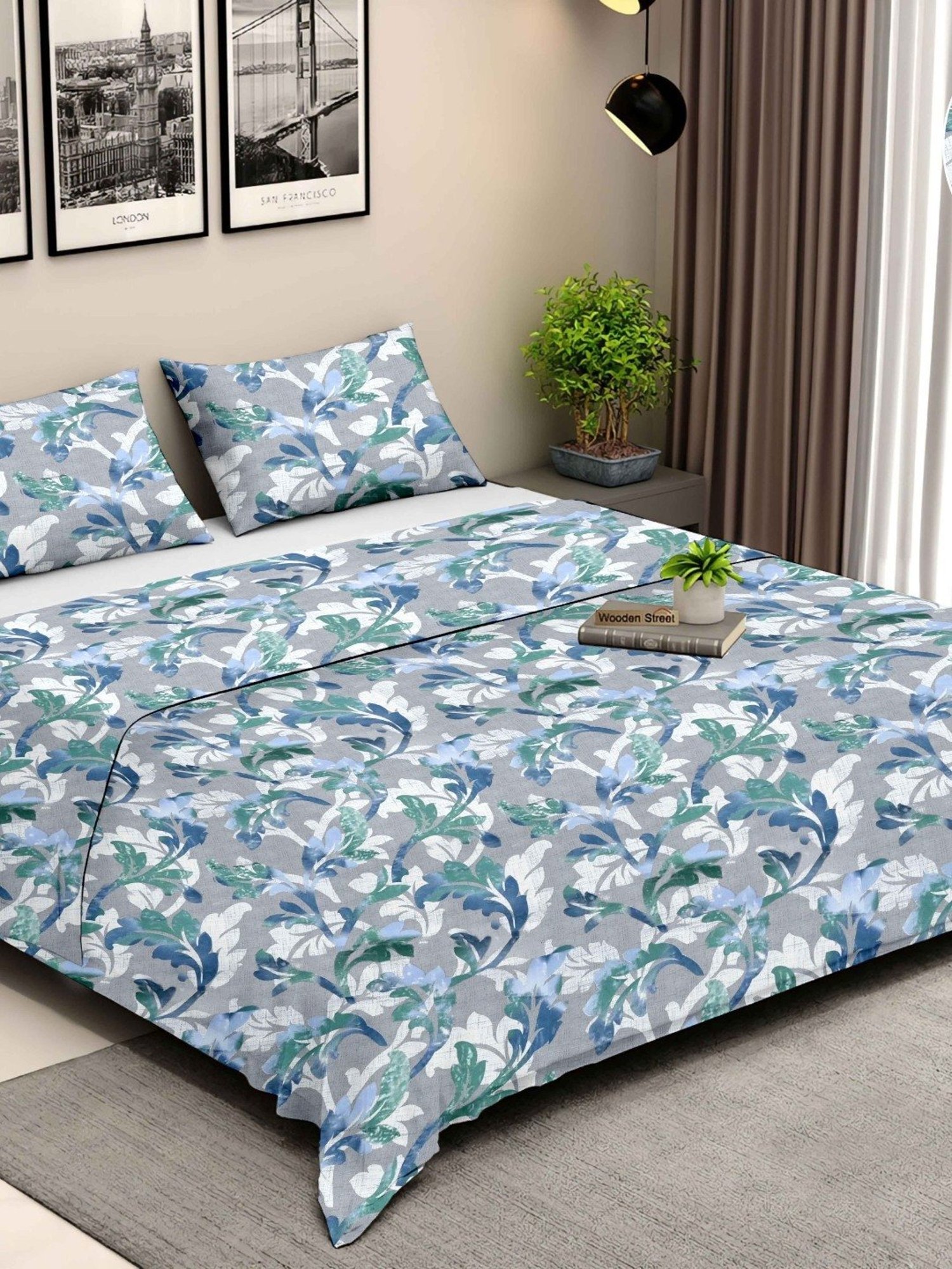 Ariana Rome Floral Blue 210 TC Cotton Super king Bedsheet with 2 Pillow Covers