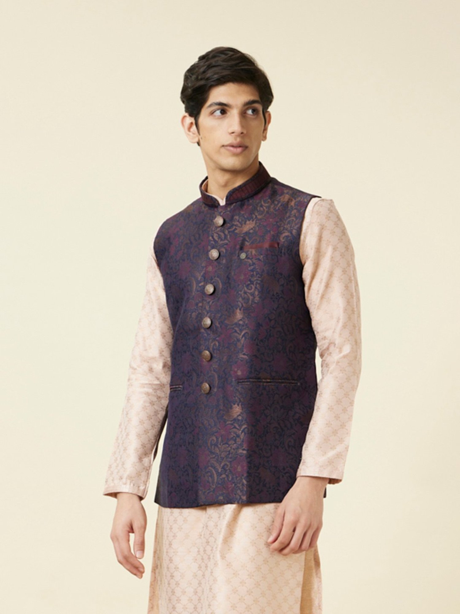 Manyavar Navy Regular Fit Printed Nehru Jacket