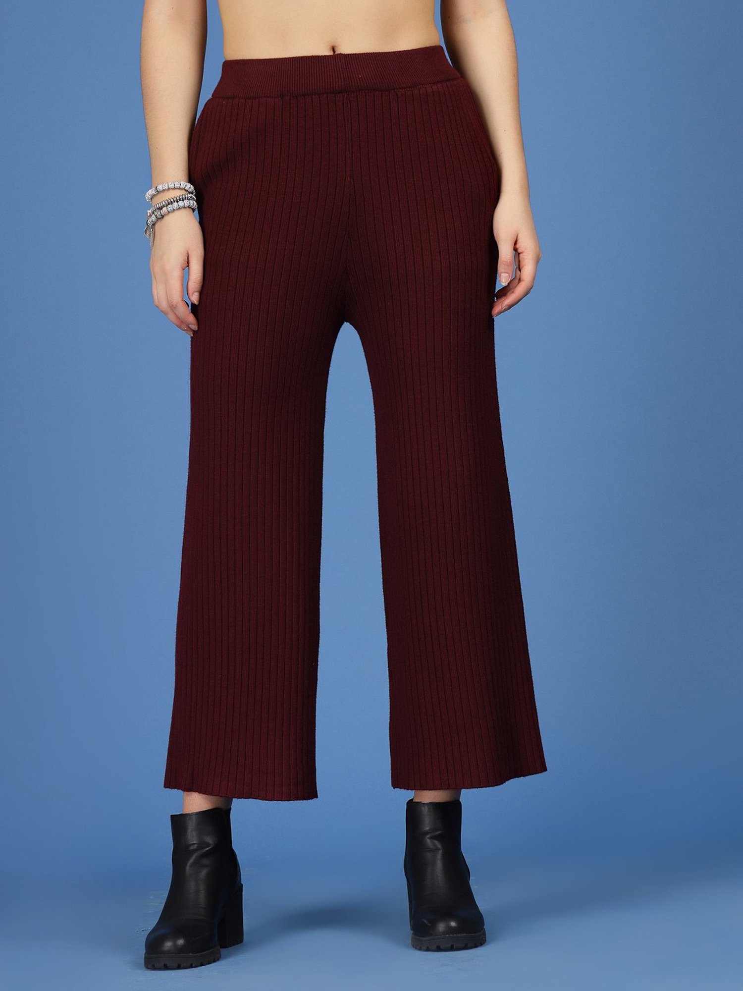 Mafadeny Maroon Regular Fit Mid Rise Palazzos