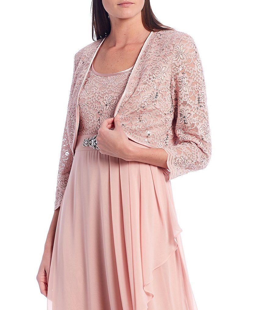 Jessica Howard Lace Jacket and Embellished Waist Ruffled Chiffon 2-Piece Gown
