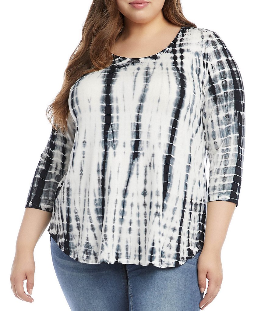 Karen Kane Plus Size Tie Dye Knit Jersey Scoop Neck 3/4 Sleeve Tee