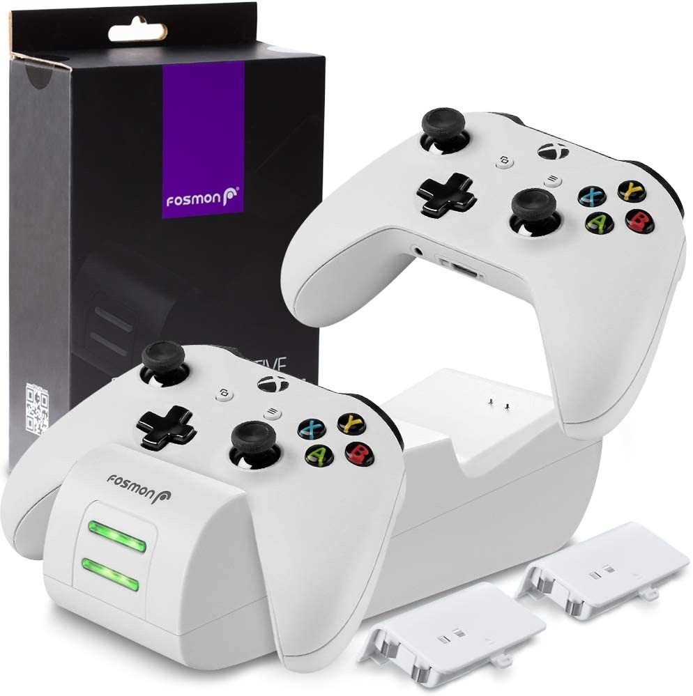 Fosmon Xbox One / One X / One S Controller Charger, [Dual Slot] High Speed Docking / Charging Station with 2 x 1000mAh Rechargeable Battery Packs (Not for Elite Controller) - White