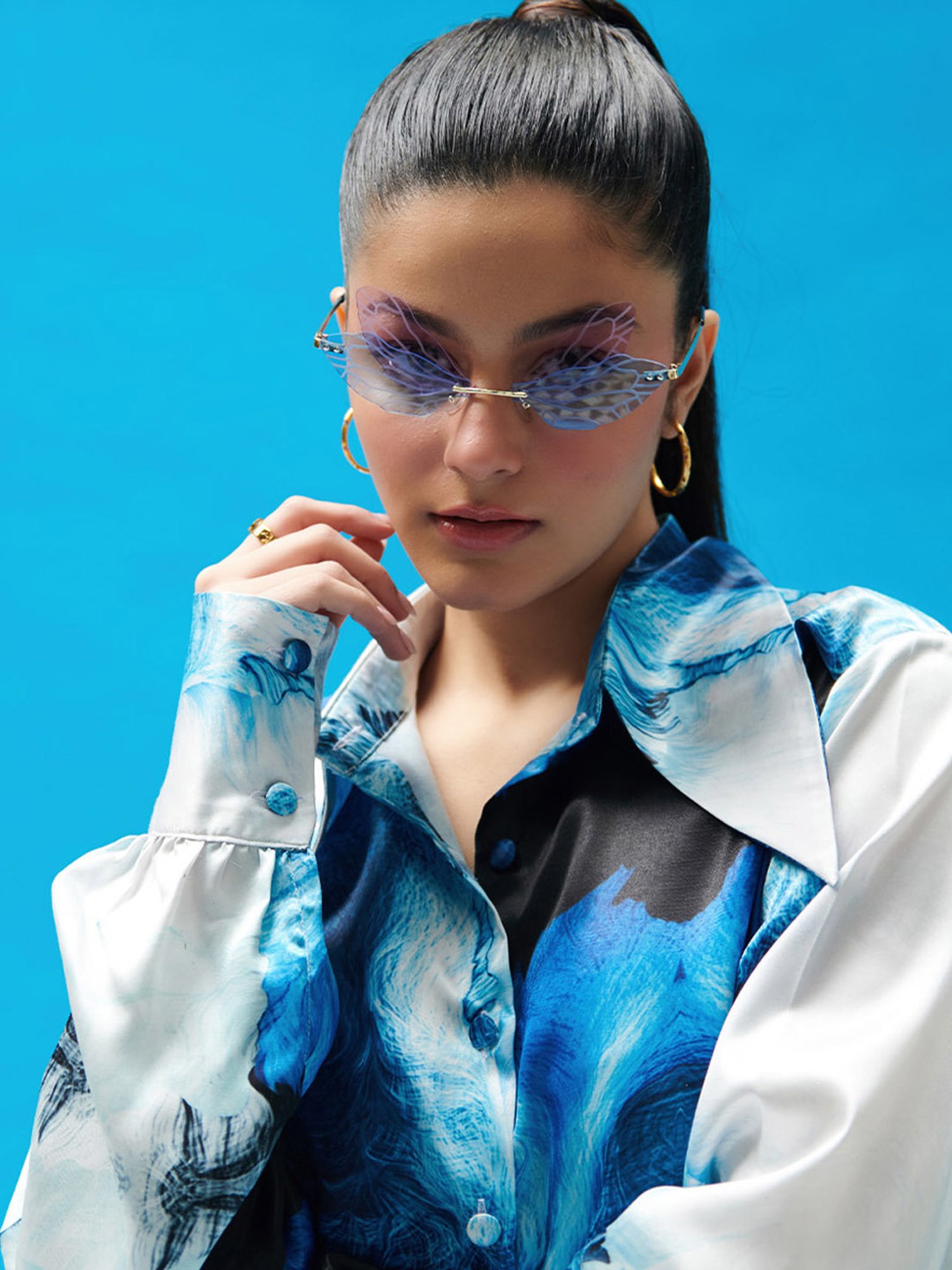 Cin Cin Blue Wave Printed Satin Shirt