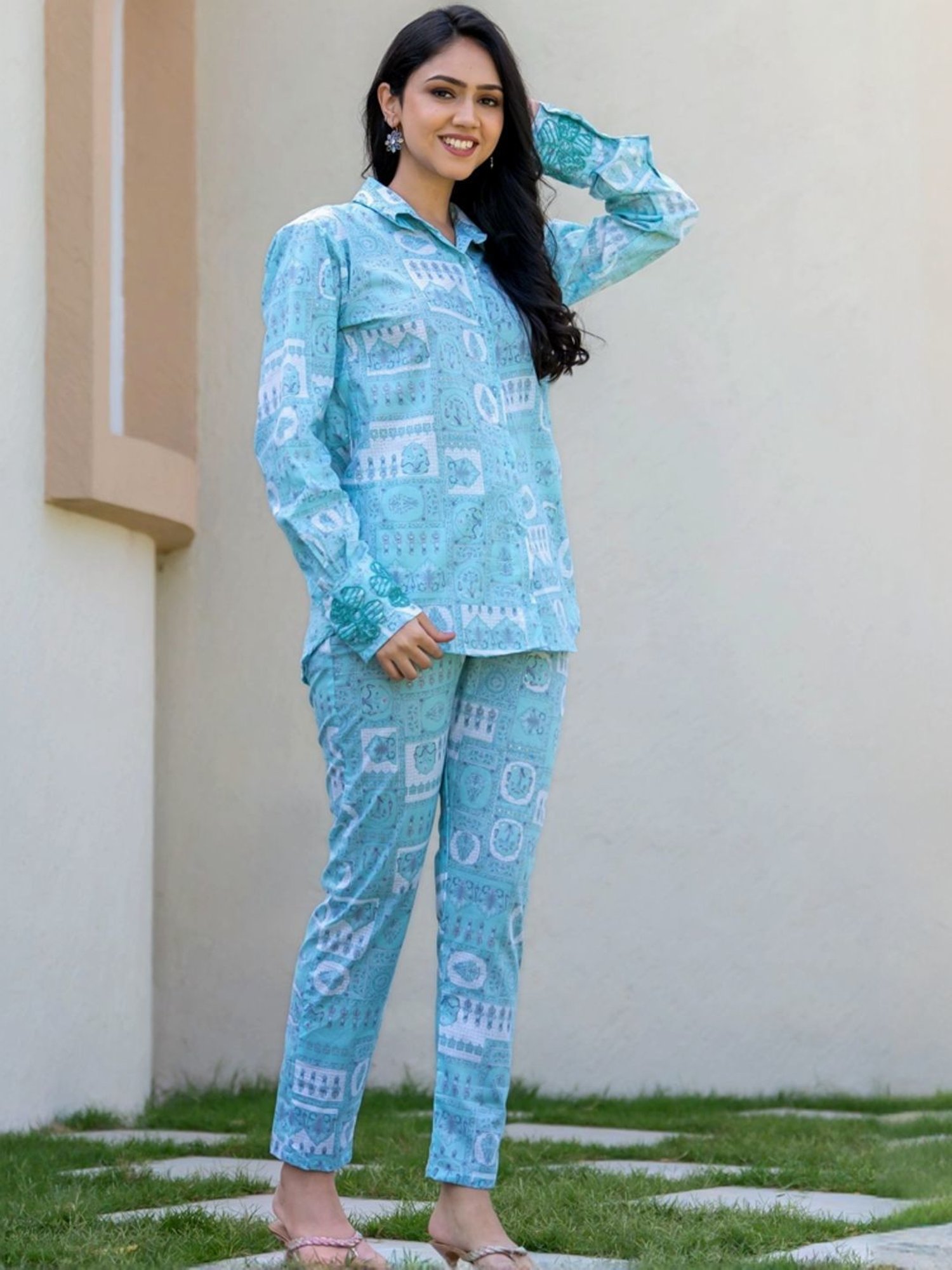 HOUSE OF JAMOTI Blue Cotton Printed Tunic Pant Set