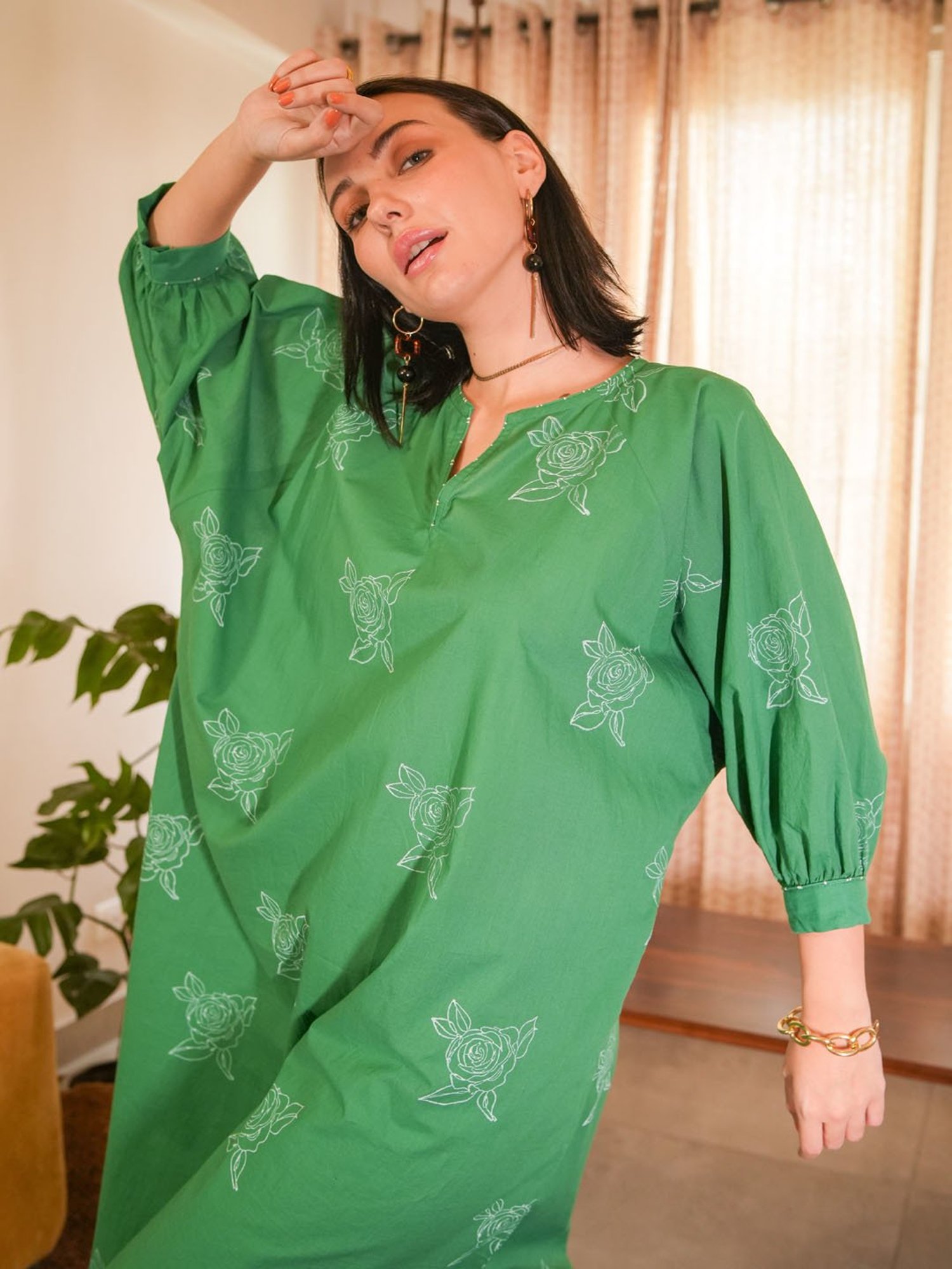 Akiso Emerald Green Hand Block Printed Assymetrical Kaftan