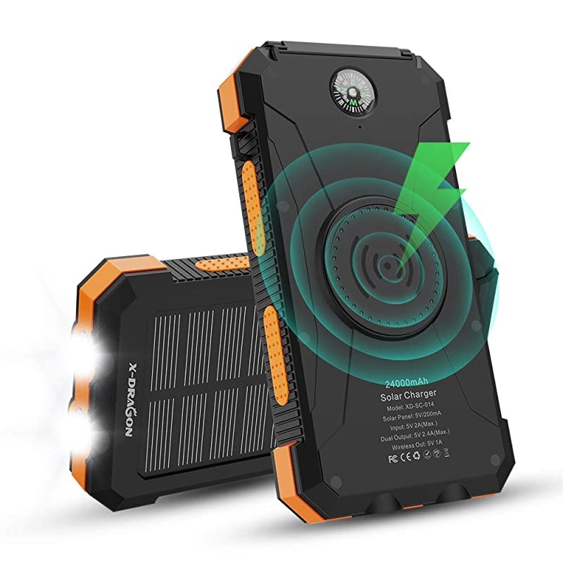 Solar Power Bank,  24000mAh Qi Wireless Portable Charger External Battery Pack with Dual Input(USB C & Micro), Dual Flashlight, Compass for iPhone, iPad, Cellphones, Outdoors, Camping