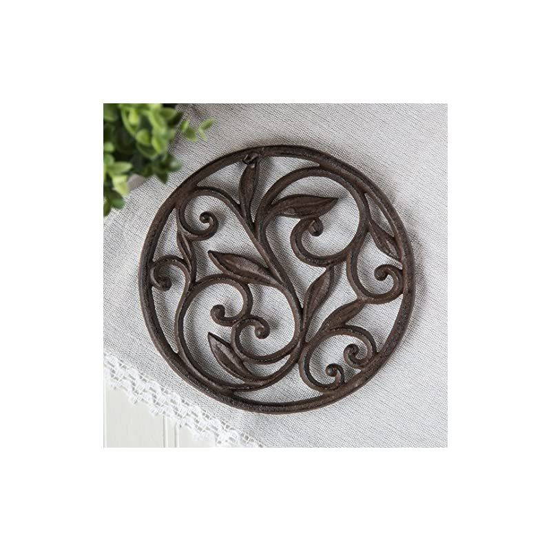 Iron Trivet - Round with Vintage Pattern - Decorative Iron Trivet For Kitchen Or Dining Table - 7.7" Diameter - Rust Brown Color - With Rubber Pegs