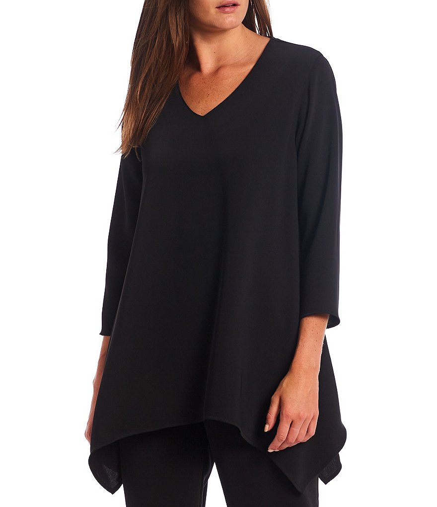 Caroline Rose Matte Crepe V-Neck 3/4 Sleeve Side Drape Swing Tunic
