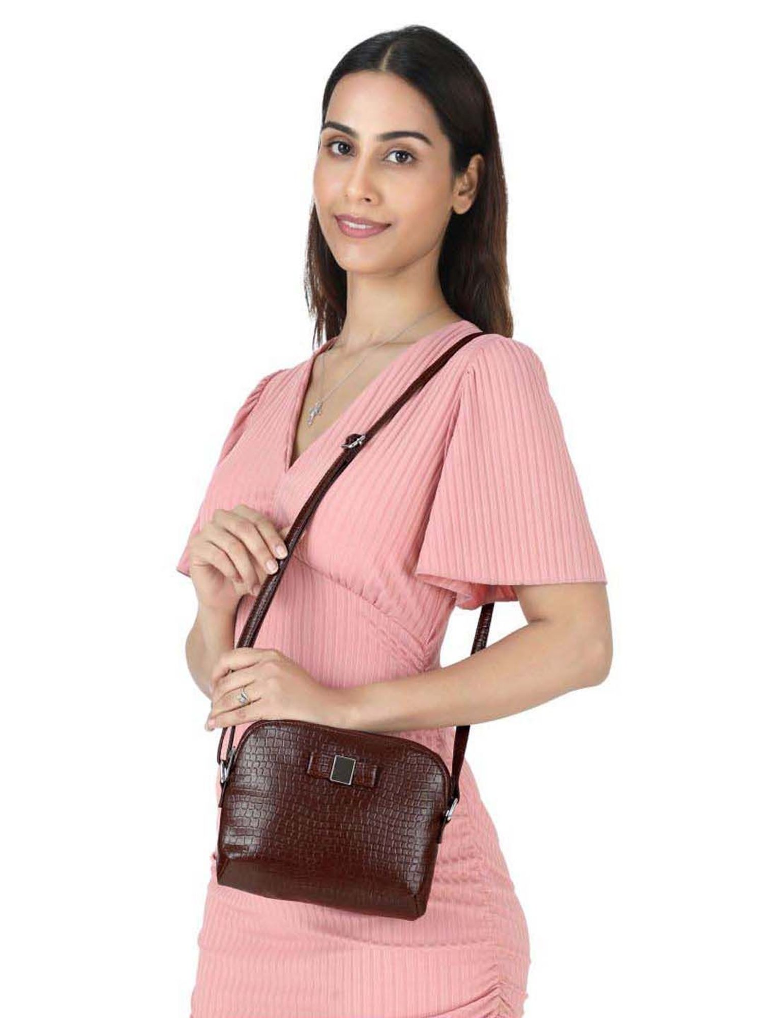 Toteteca Brown Textured Medium Sling Handbag