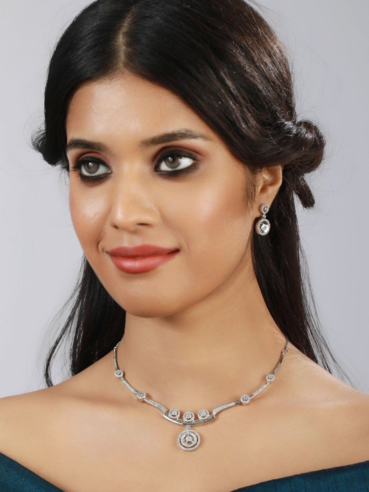 Aatmana Silver-Plated White American Diamond & CZ Stone-Studded Necklace Set