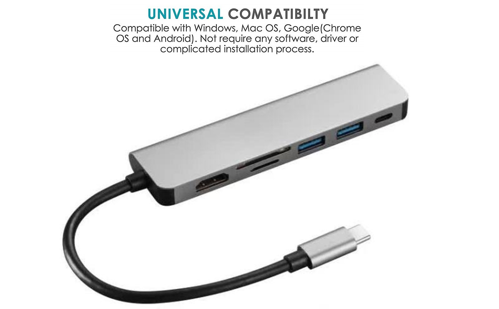 6 in 1 USB C HUB, Type-C to HDMI USB 3.0 SD/TF Card Reader USB-C PD Charger, 4K HDMI, 60W PD Charging, USB Type C Dongle for iPad Pro 2018 / Nintendo Switch / MacBook / Chromebook.