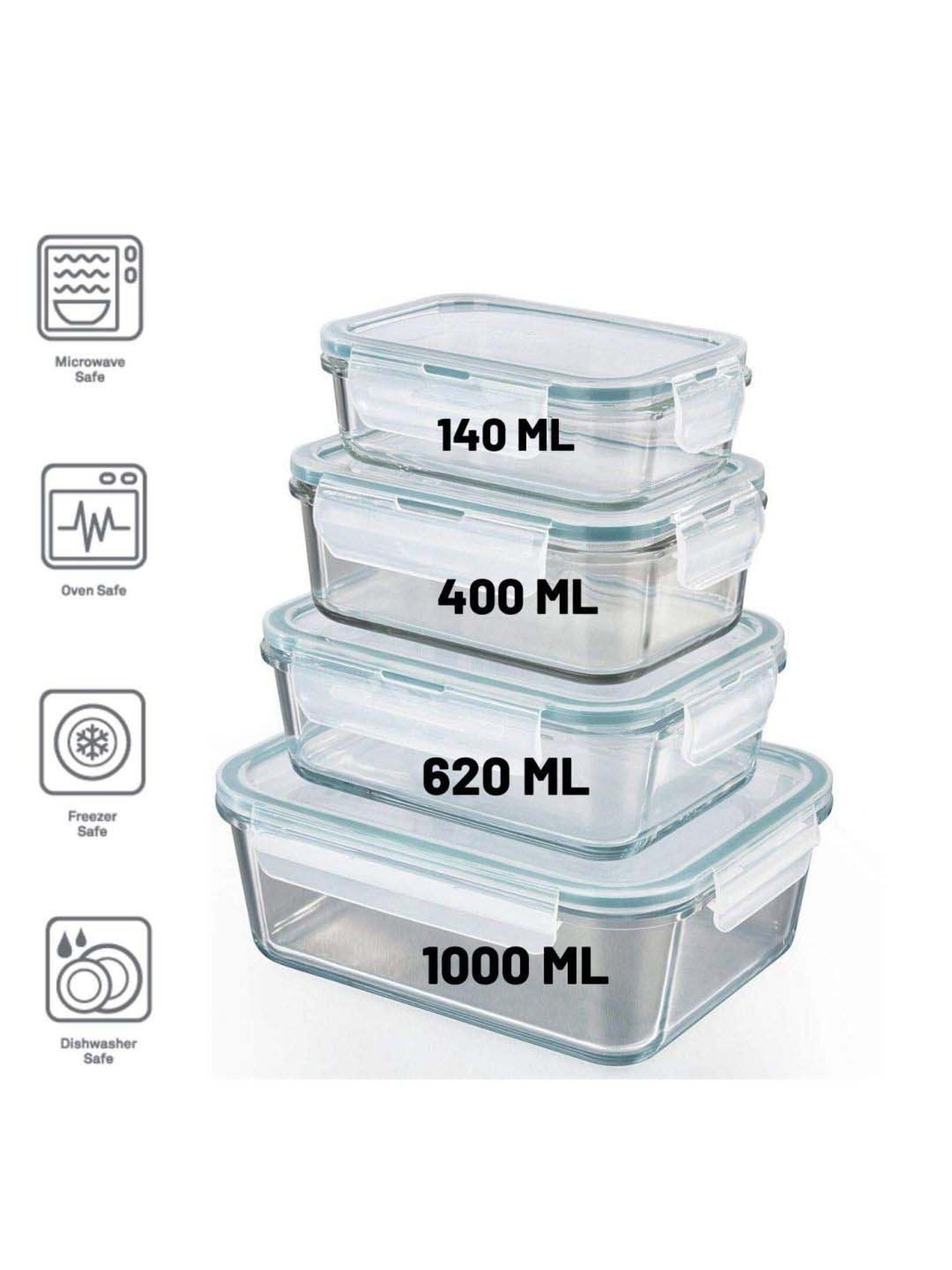 Femora Glass Rectangular Storage Container with Lid (140 ml, 400 ml, 620 ml & 1000 ml) - Set of 4